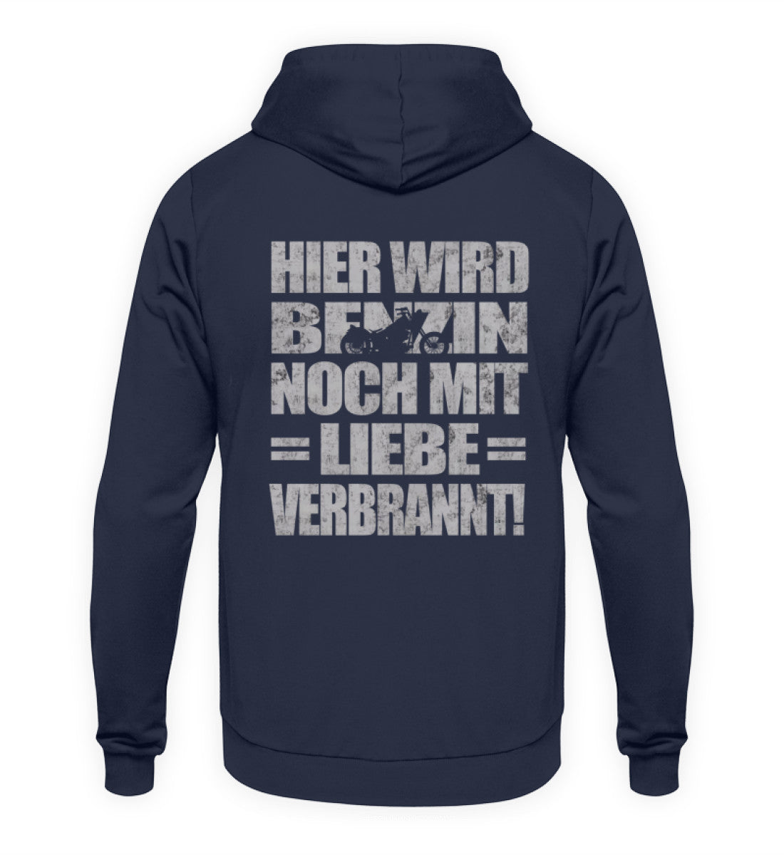 Ein Biker Hoodie für Motorradfahrer von Wingbikers mit dem Aufdruck, Hier wird Benzin noch mit Liebe verbrannt - mit Back Print, in navy blau.