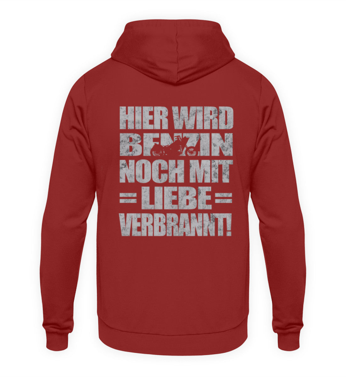 Ein Biker Hoodie für Motorradfahrer von Wingbikers mit dem Aufdruck, Hier wird Benzin noch mit Liebe verbrannt - mit Back Print, in backsteinrot.