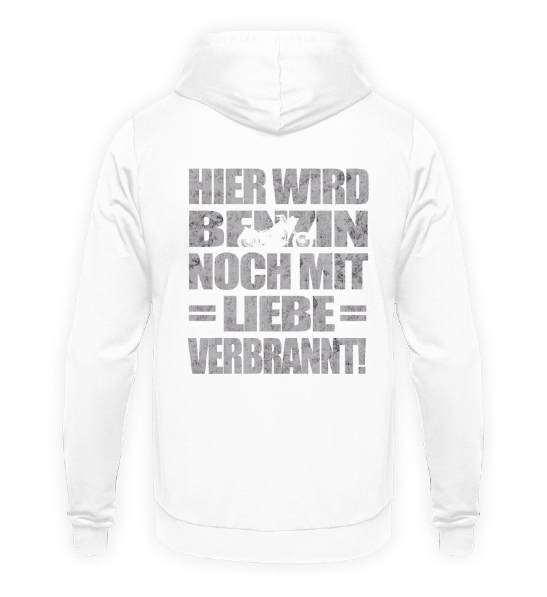 Ein Biker Hoodie für Motorradfahrer von Wingbikers mit dem Aufdruck, Hier wird Benzin noch mit Liebe verbrannt - mit Back Print, in weiß.