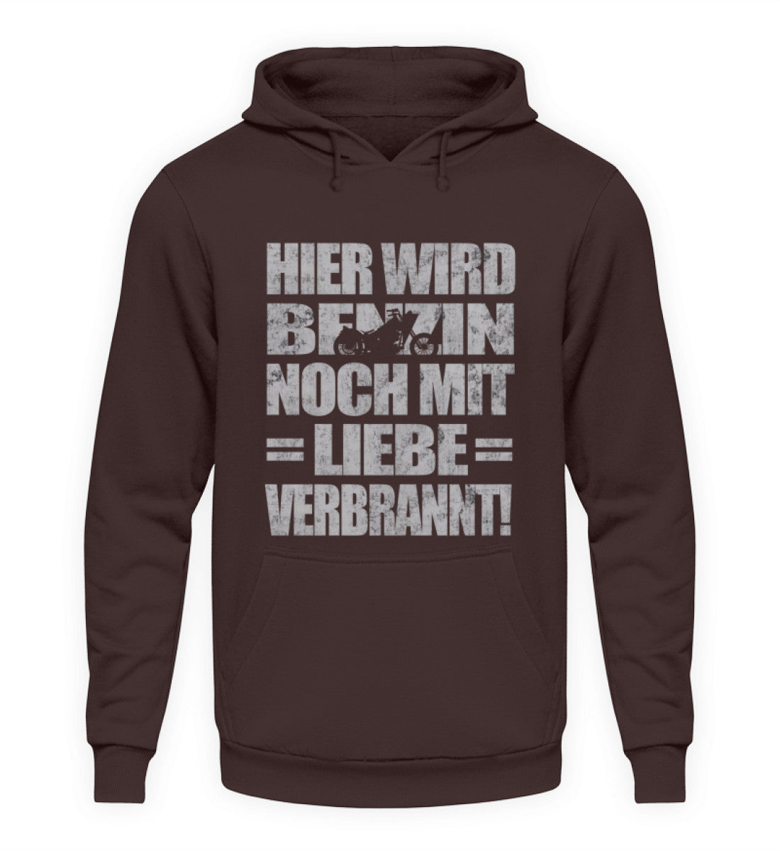 Ein Biker Hoodie für Motorradfahrer von Wingbikers mit dem Aufdruck, Hier wird Benzin noch mit Liebe verbrannt - in braun.