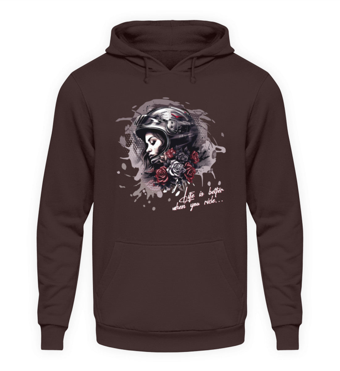 Ein Hoodie für Motorradfahrerinnen von Wingbikers mit dem Aufdruck, Life Is Better When You Ride, in braun.