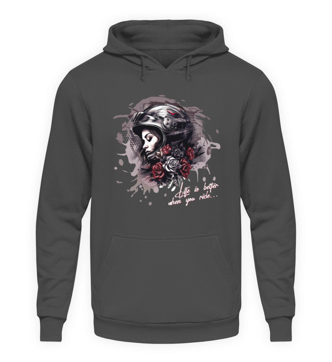 Ein Hoodie für Motorradfahrerinnen von Wingbikers mit dem Aufdruck, Life Is Better When You Ride, in grau.