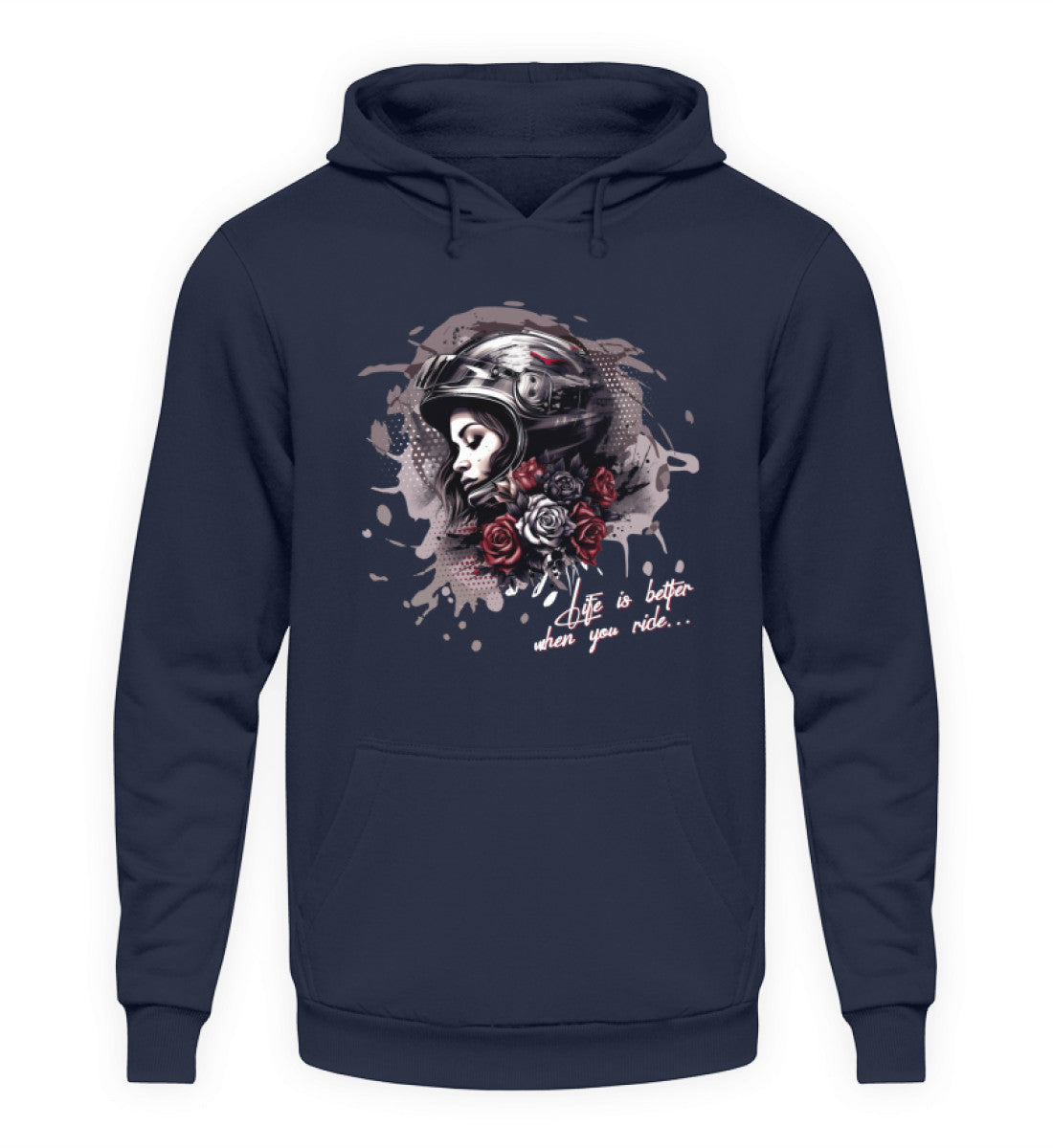 Ein Hoodie für Motorradfahrerinnen von Wingbikers mit dem Aufdruck, Life Is Better When You Ride, in navy.