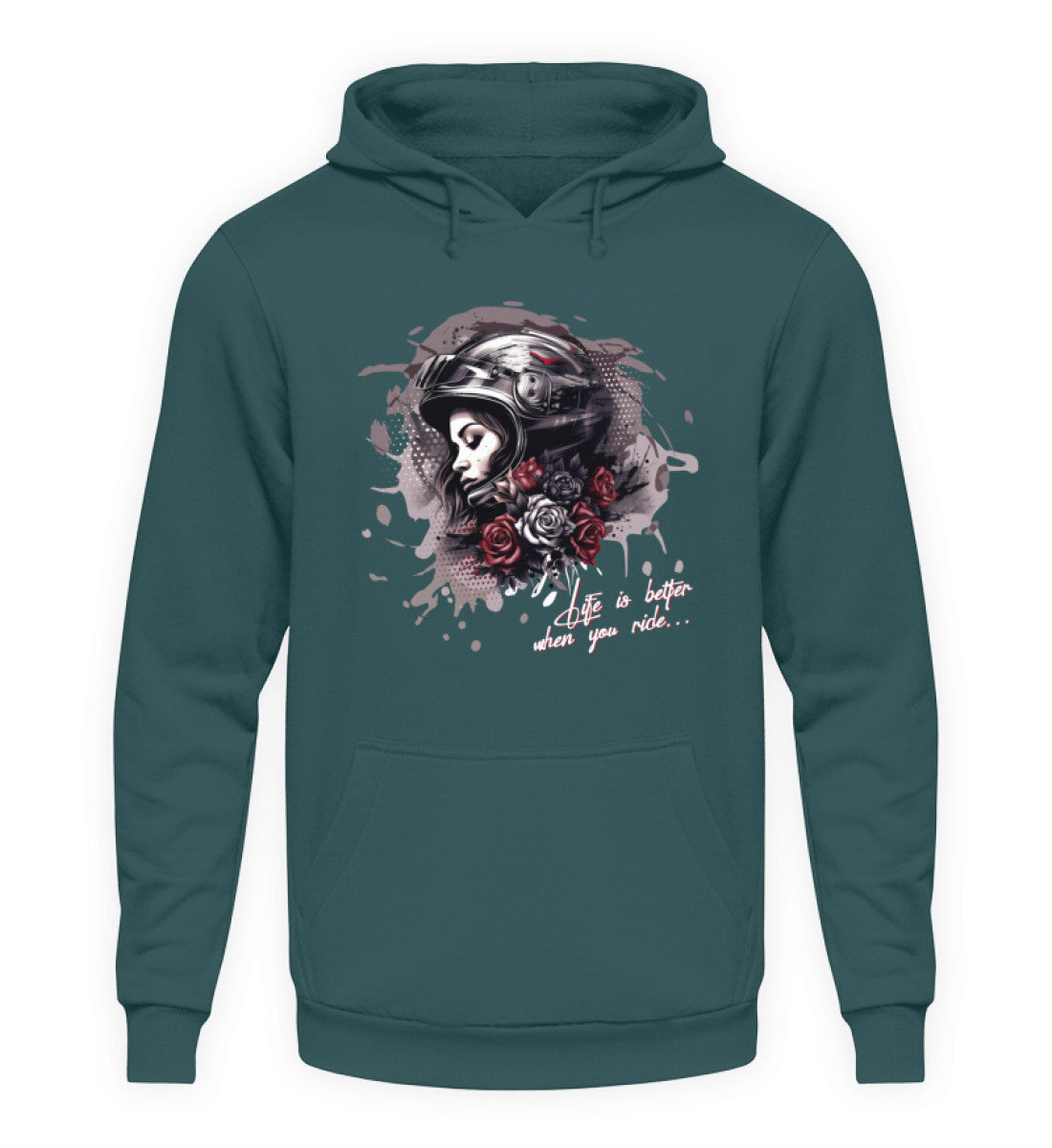 Ein Hoodie für Motorradfahrerinnen von Wingbikers mit dem Aufdruck, Life Is Better When You Ride, in türkis.