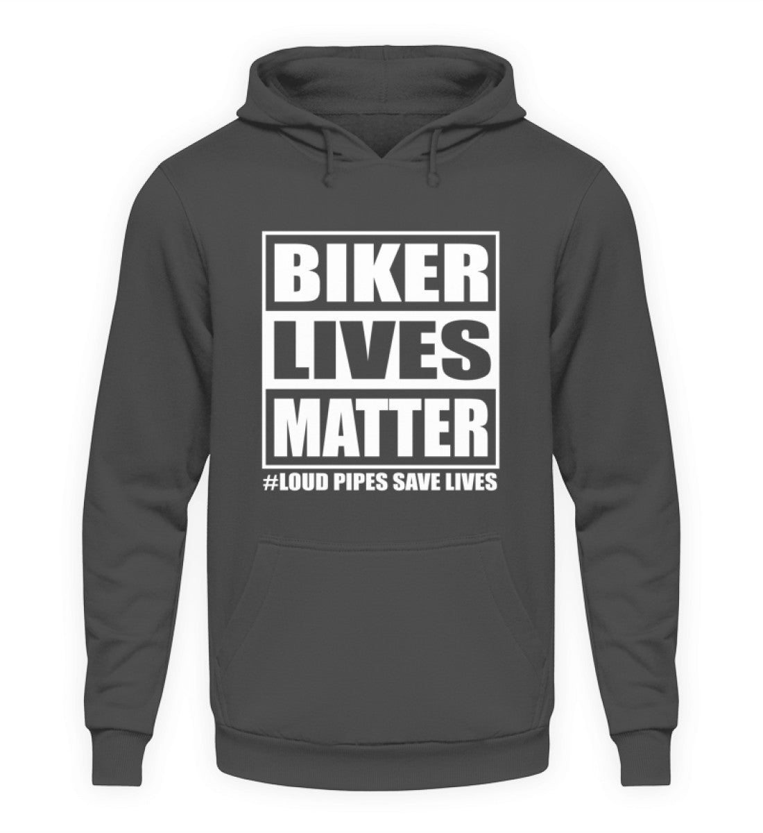 Ein Biker Hoodie für Motorradfahrer von Wingbikers mit dem Aufdruck, Biker Lives Matter - # Loud Pipes Save Lives, in dunkelgrau.