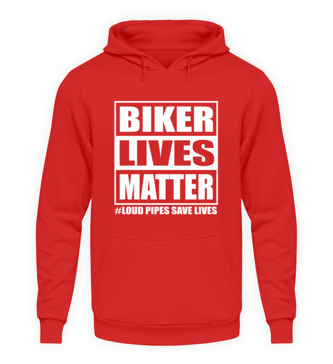 Ein Biker Hoodie für Motorradfahrer von Wingbikers mit dem Aufdruck, Biker Lives Matter - # Loud Pipes Save Lives, in feuerrot.