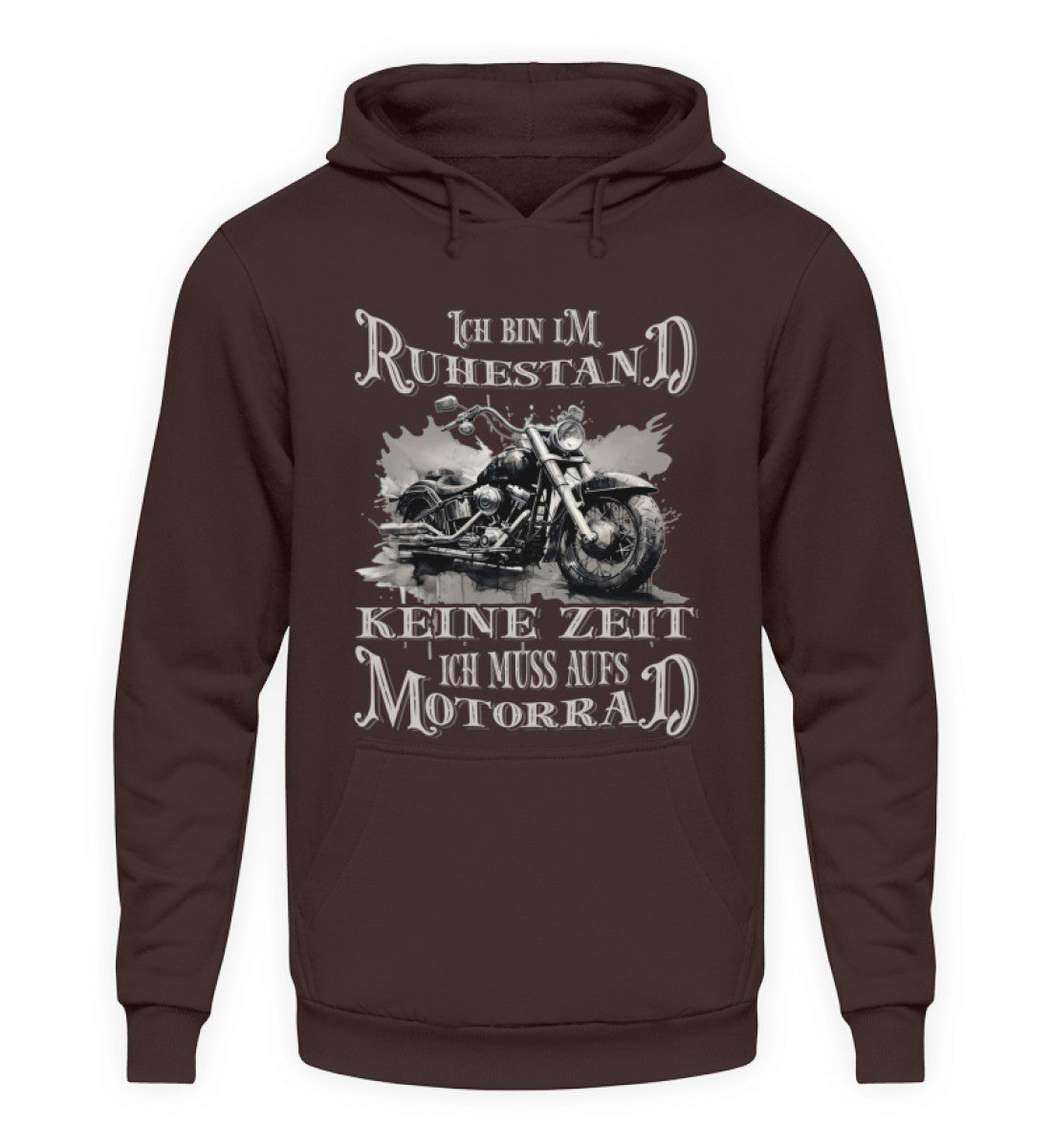 Ein Biker Hoodie für Motorradfahrer von Wingbikers mit dem Aufdruck, Ich bin im Ruhestand - Keine Zeit - Ich muss aufs Motorrad, in braun.