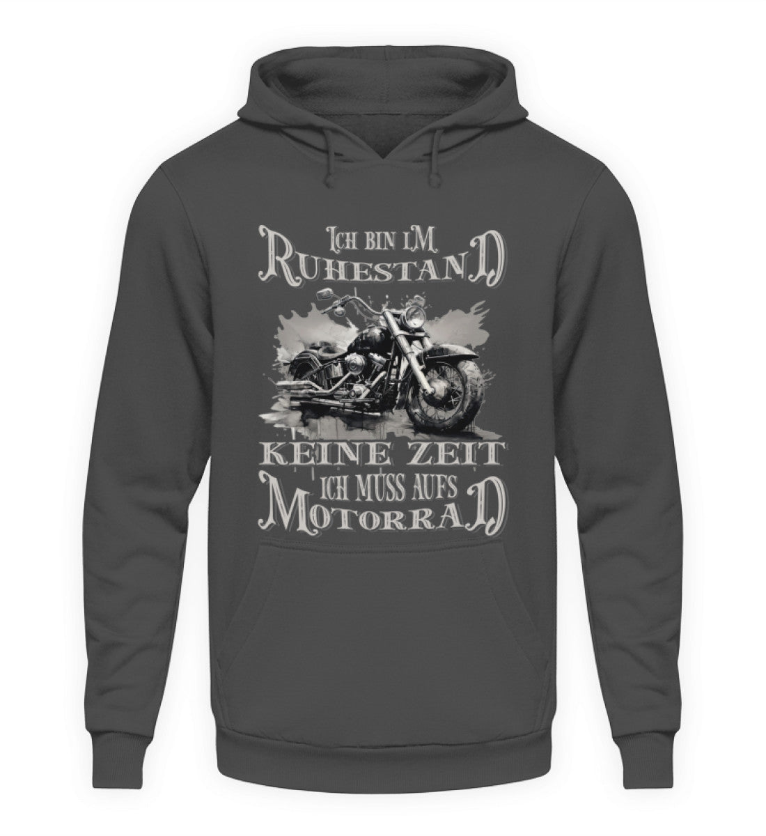 Ein Biker Hoodie für Motorradfahrer von Wingbikers mit dem Aufdruck, Ich bin im Ruhestand - Keine Zeit - Ich muss aufs Motorrad, in dunkelgrau.