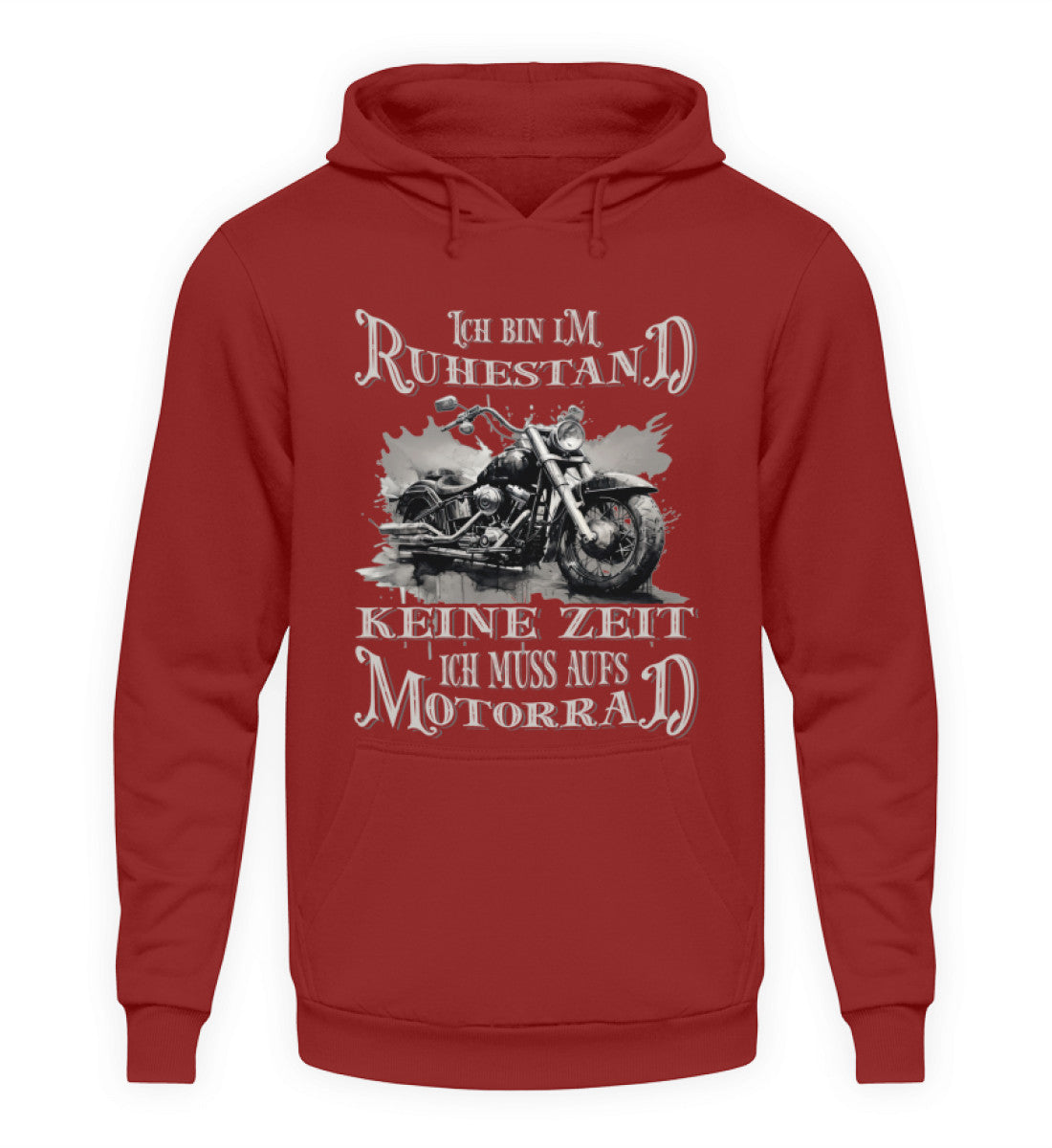 Ein Biker Hoodie für Motorradfahrer von Wingbikers mit dem Aufdruck, Ich bin im Ruhestand - Keine Zeit - Ich muss aufs Motorrad, in backsteinrot.