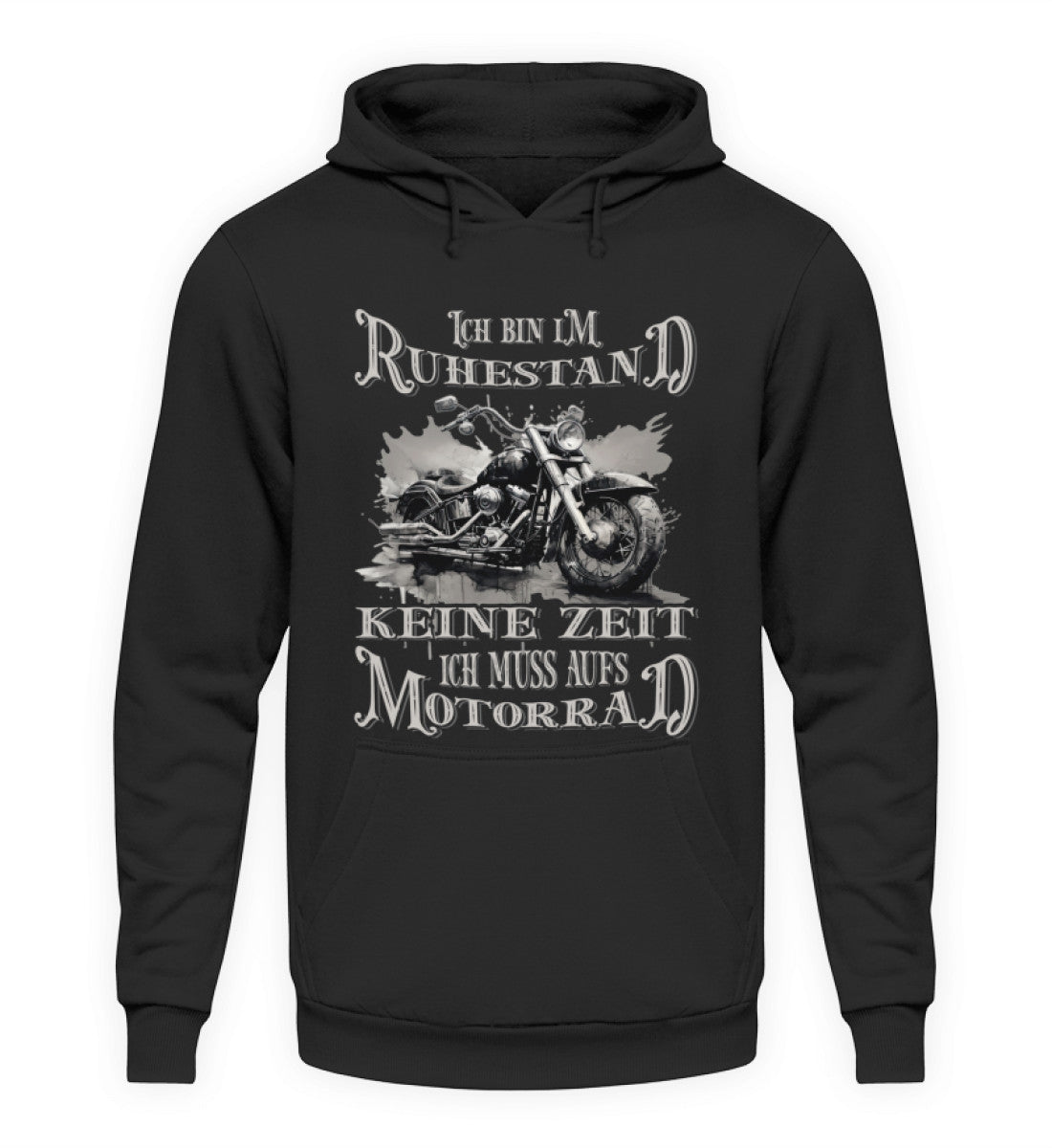 Ein Biker Hoodie für Motorradfahrer von Wingbikers mit dem Aufdruck, Ich bin im Ruhestand - Keine Zeit - Ich muss aufs Motorrad, in schwarz.