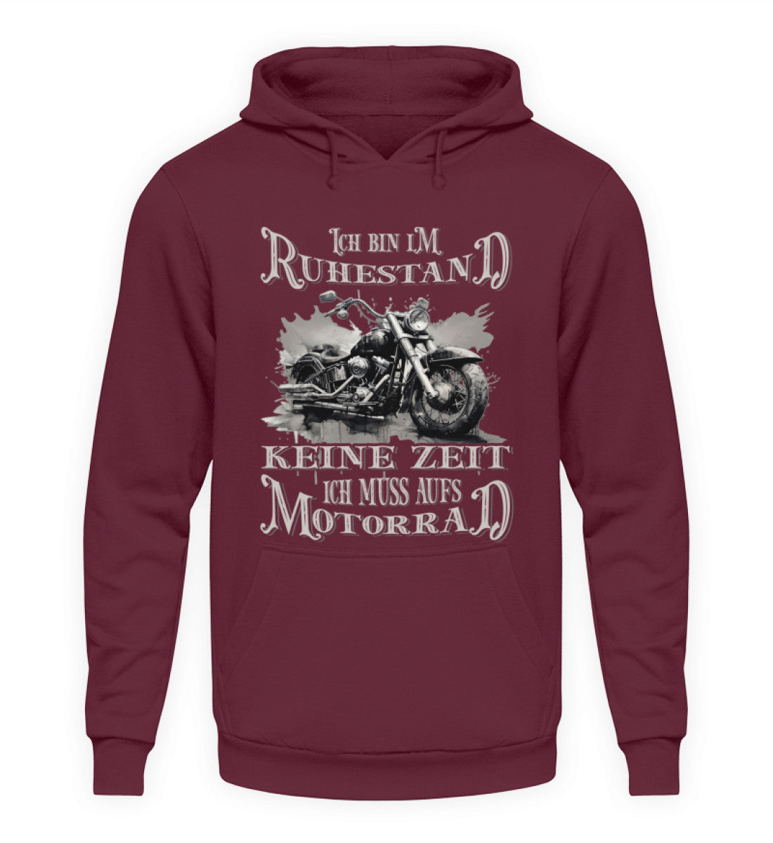 Ein Biker Hoodie für Motorradfahrer von Wingbikers mit dem Aufdruck, Ich bin im Ruhestand - Keine Zeit - Ich muss aufs Motorrad, in burgunder weinrot.