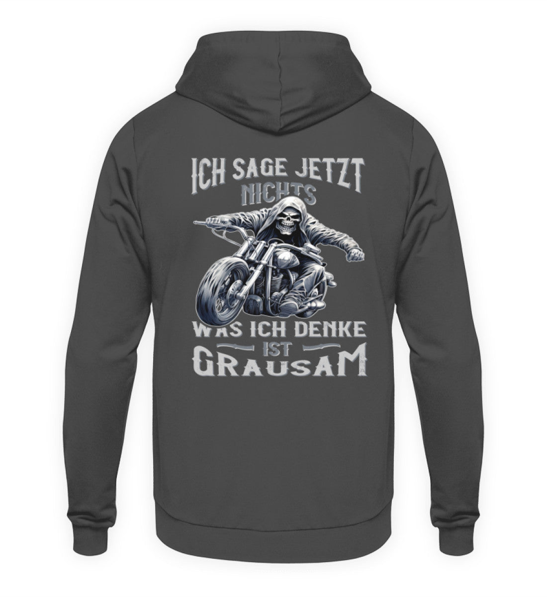 Ein Biker Hoodie für Motorradfahrer von Wingbikers mit dem Aufdruck, Ich sage jetzt nichts - Was ich denke ist grausam - mit Back Print, in stahlgrau.