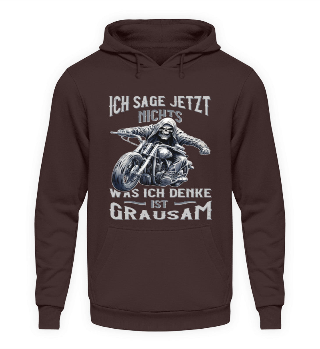 Ein Biker Hoodie für Motorradfahrer von Wingbikers mit dem Aufdruck, Ich sage jetzt nichts - Was ich denke ist grausam - in braun.