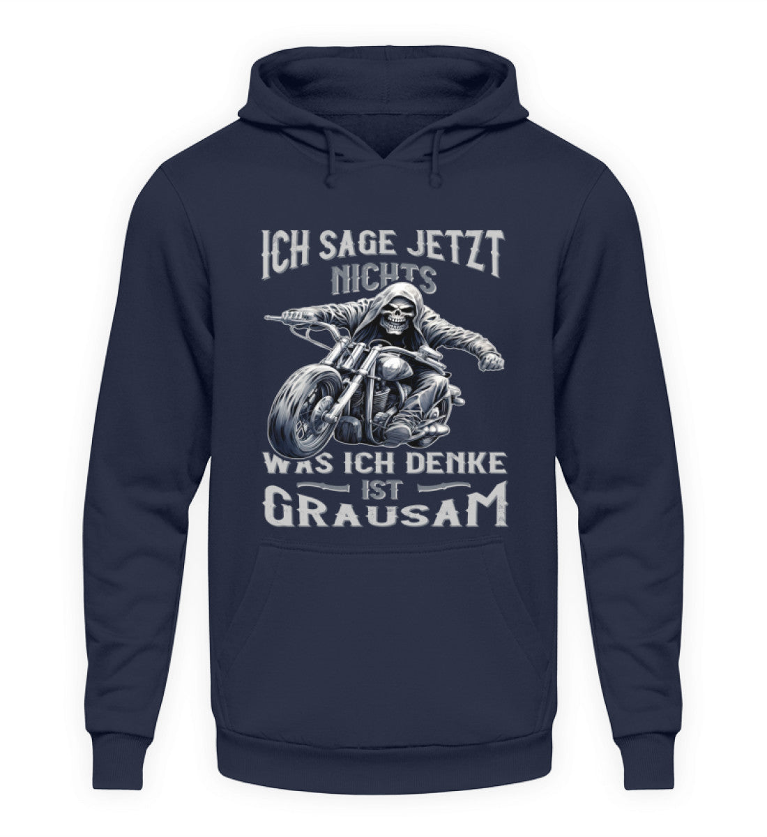 Ein Biker Hoodie für Motorradfahrer von Wingbikers mit dem Aufdruck, Ich sage jetzt nichts - Was ich denke ist grausam - in navy.
