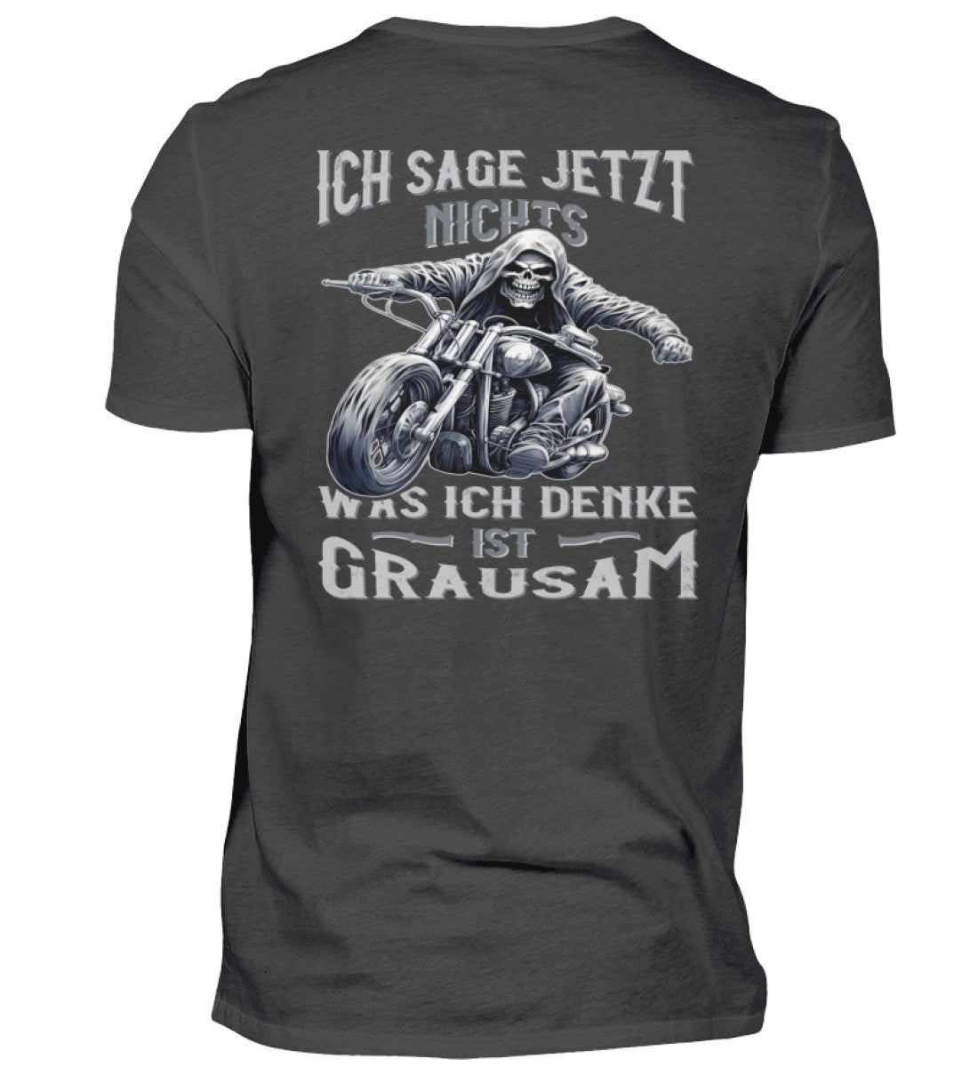 Ein Biker T-Shirt für Motorradfahrer von Wingbikers mit dem Aufdruck, Ich sage jetzt nichts - Was ich denke ist grausam - mit Back Print, in dunkelgrau.