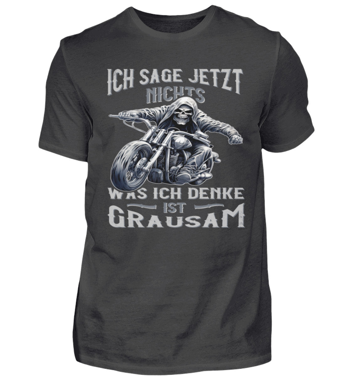 Ein Biker T-Shirt für Motorradfahrer von Wingbikers mit dem Aufdruck, Ich sage jetzt nichts - Was ich denke ist grausam - in dunkelgrau.