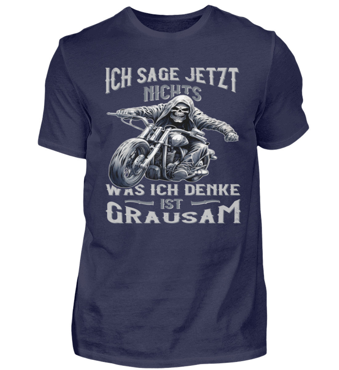 Ein Biker T-Shirt für Motorradfahrer von Wingbikers mit dem Aufdruck, Ich sage jetzt nichts - Was ich denke ist grausam - in navy.