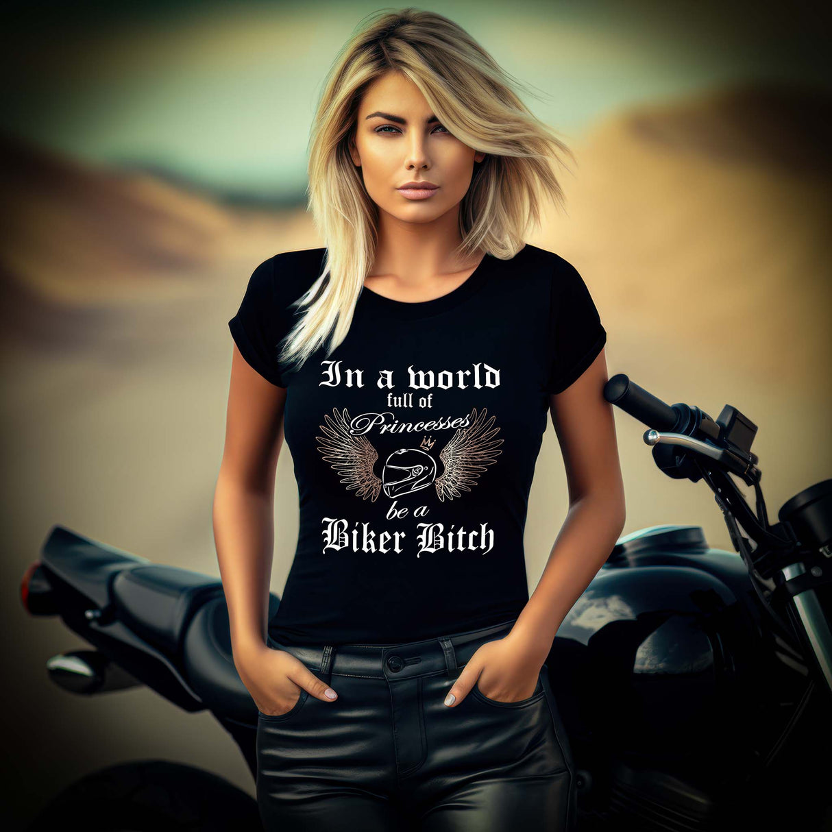 Eine Bikerin mit einem T-Shirt für Motorradfahrerinnen von Wingbikers mit dem Aufdruck, In a world full of Princesses, be a Biker Bitch - leger geschnitten, in schwarz.