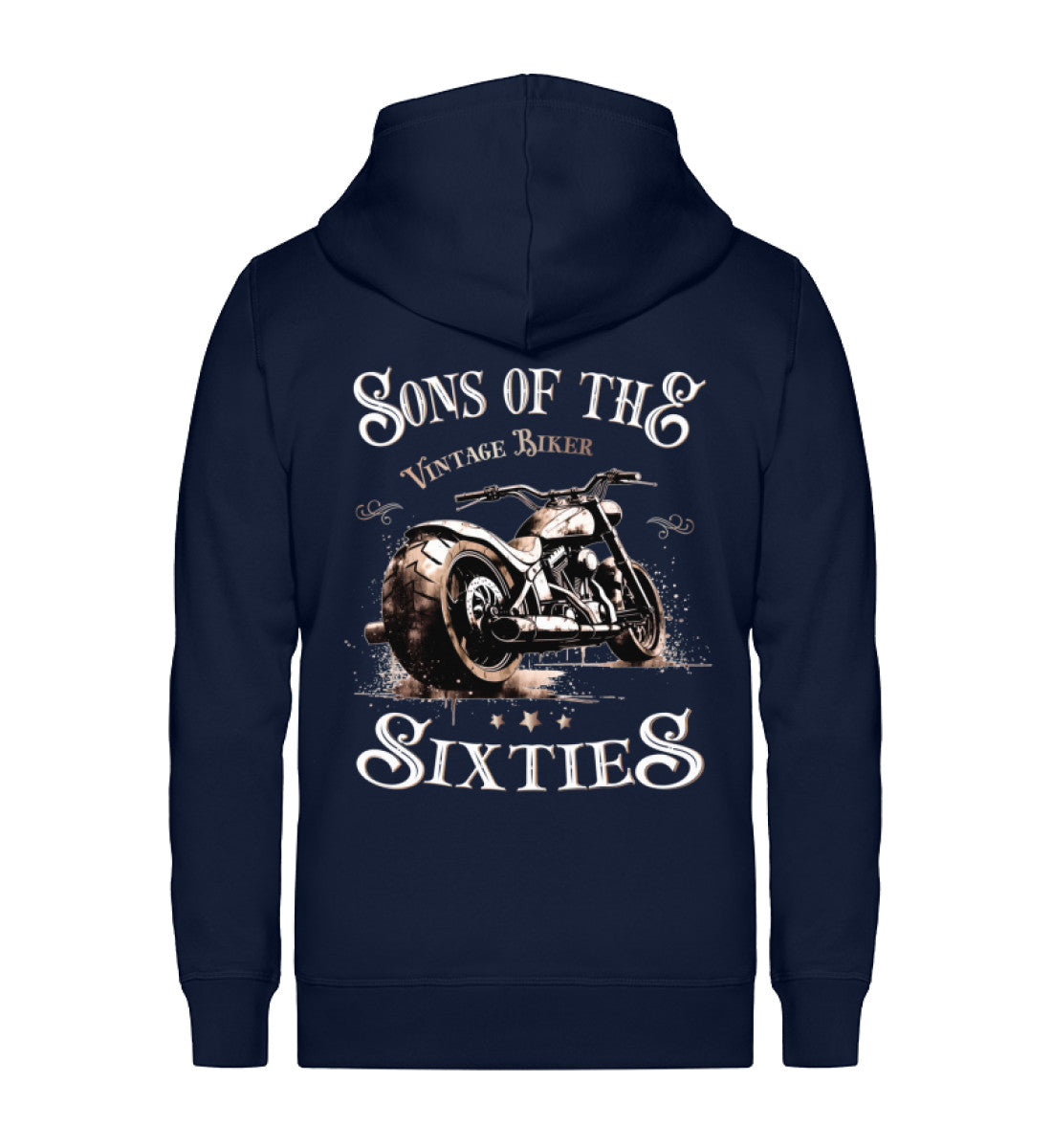 Eine Reißverschluss-Jacke für Motorradfahrer von Wingbikers mit dem Aufdruck, Sons of the Sixties - Vintage Biker, in navy blau.