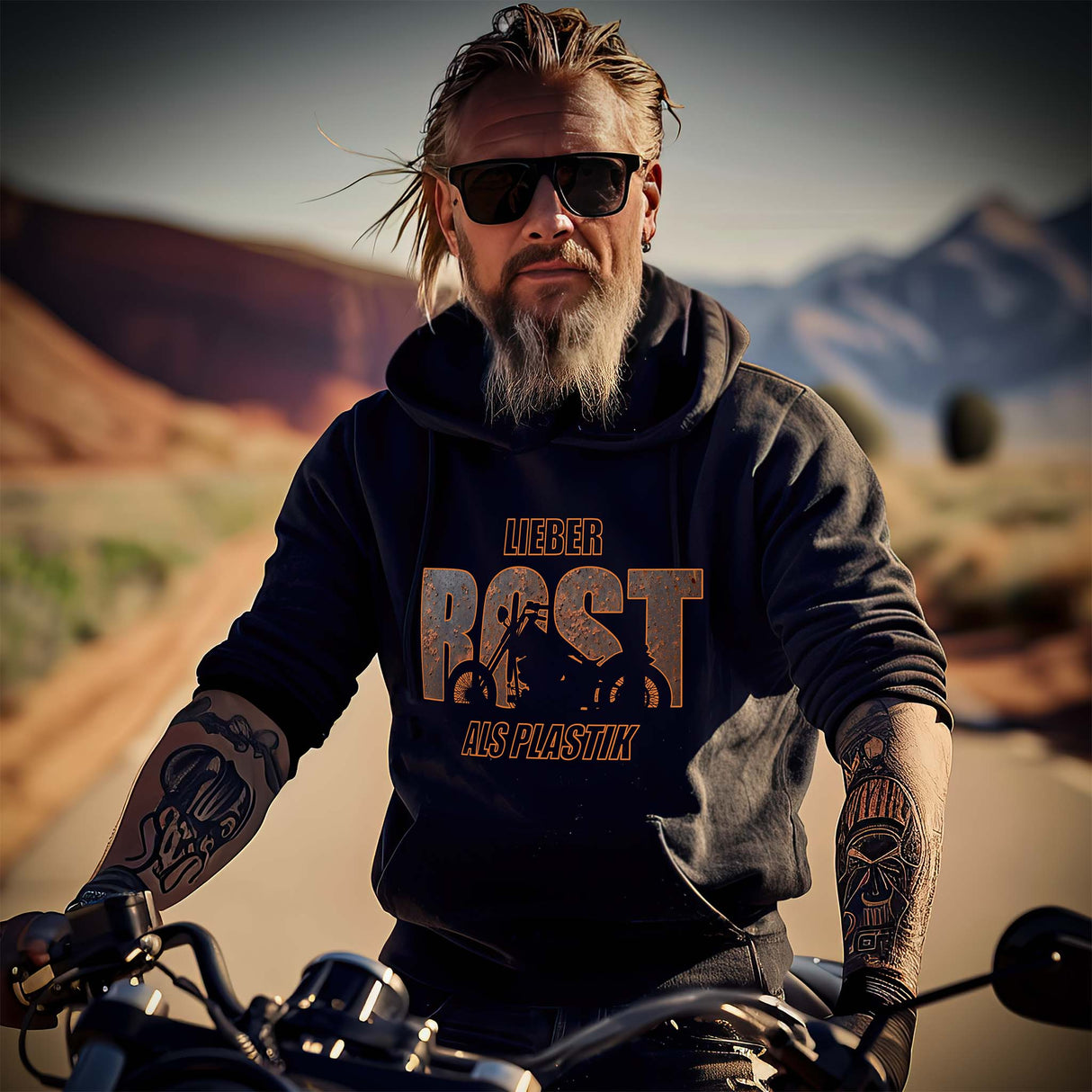 Ein Biker mit einem Hoodie von Wingbikers, mit dem Aufdruck, lieber Rost als Plastik, in Schwarz.