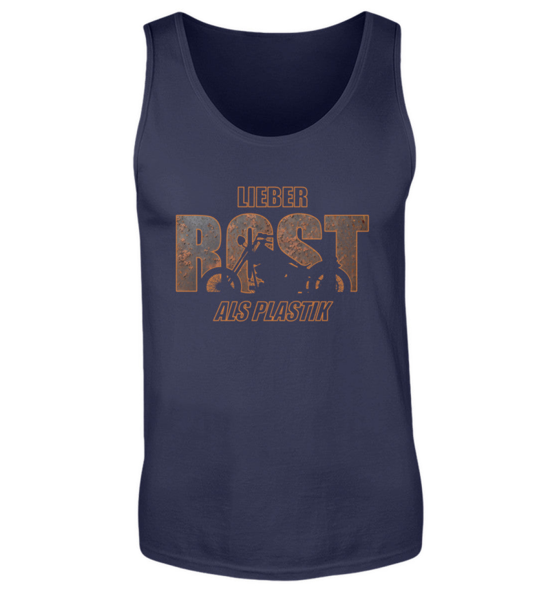Ein Biker Tanktop von Wingbikers, mit dem Aufdruck, lieber Rost als Plastik, in Navy.