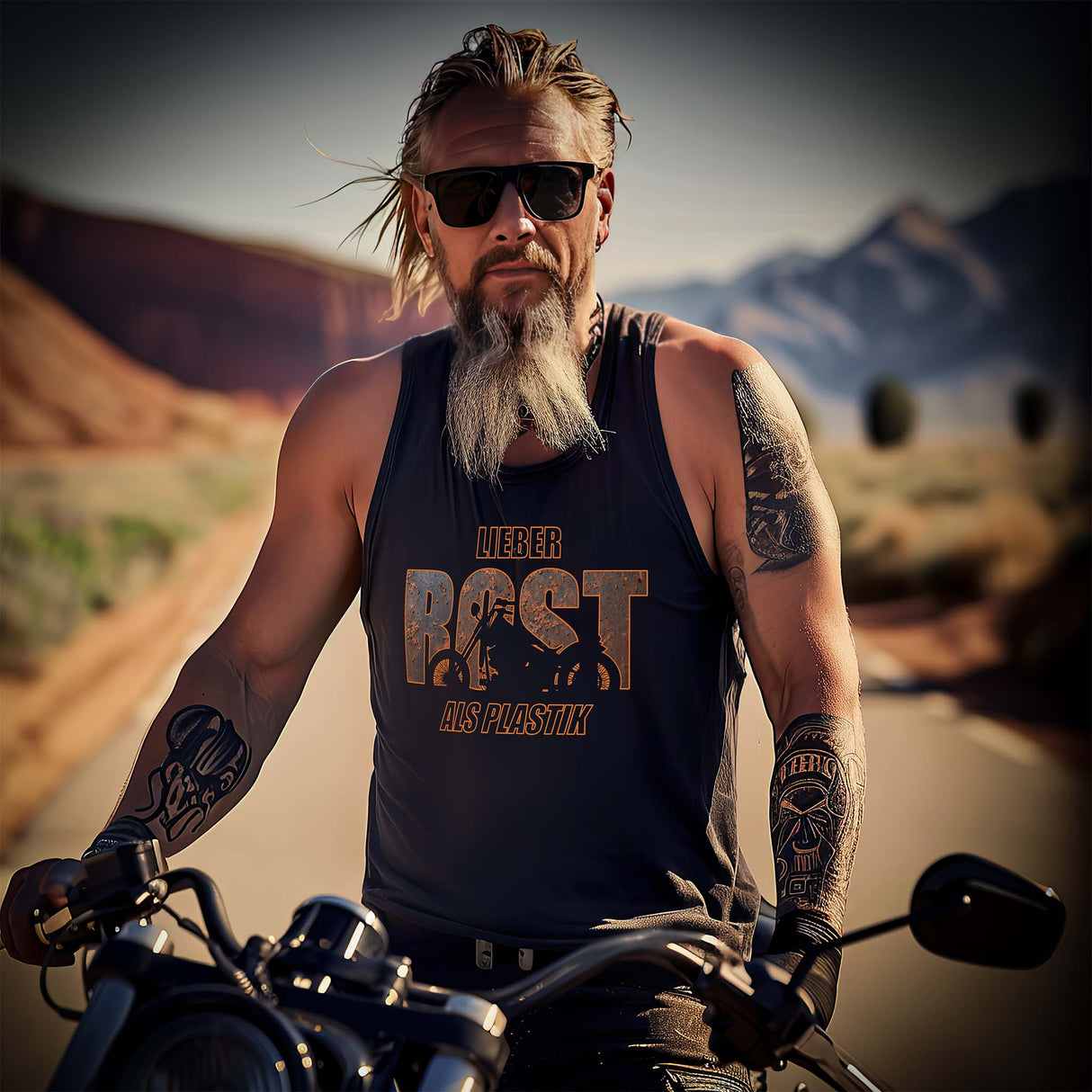 Ein Biker mit einem Tanktop von Wingbikers, mit dem Aufdruck, lieber Rost als Plastik, in Schwarz.
