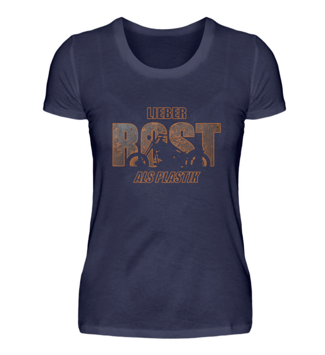Ein Motorrad T-Shirt für Frauen von Wingbikers, mit dem Aufdruck, lieber Rost als Plastik, in Navy.