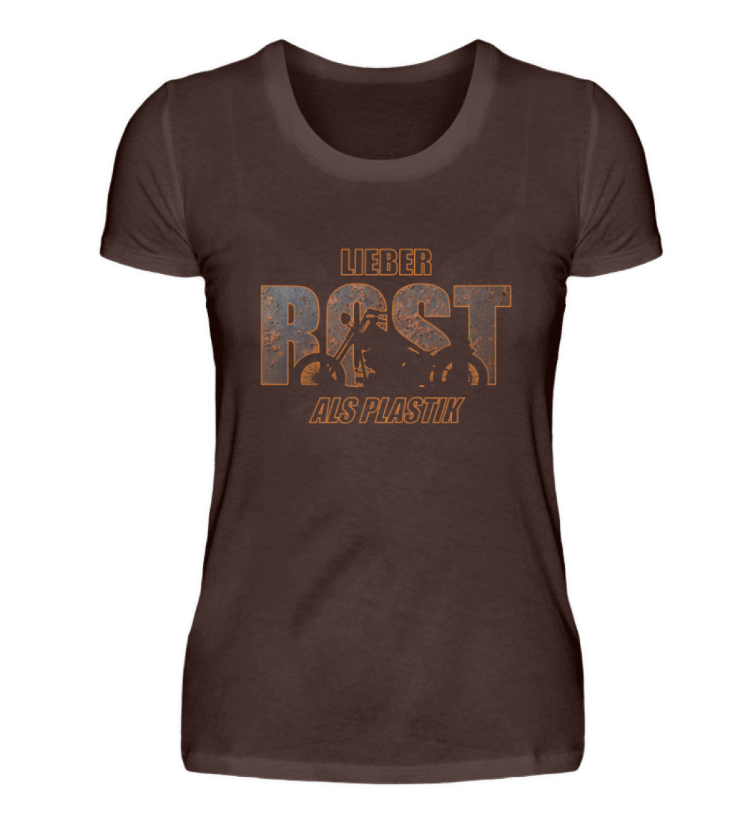 Ein Motorrad T-Shirt für Frauen von Wingbikers, mit dem Aufdruck, lieber Rost als Plastik, in braun.