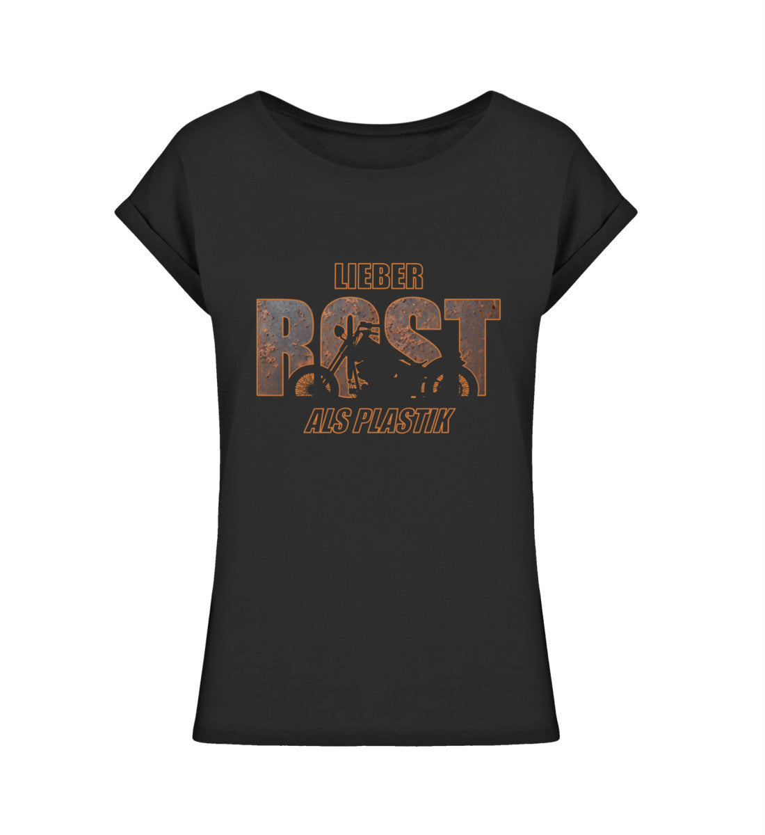 Ein Motorrad T-Shirt für Frauen von Wingbikers, mit dem Aufdruck, lieber Rost als Plastik, in Schwarz, mit verkürzten Ärmeln.