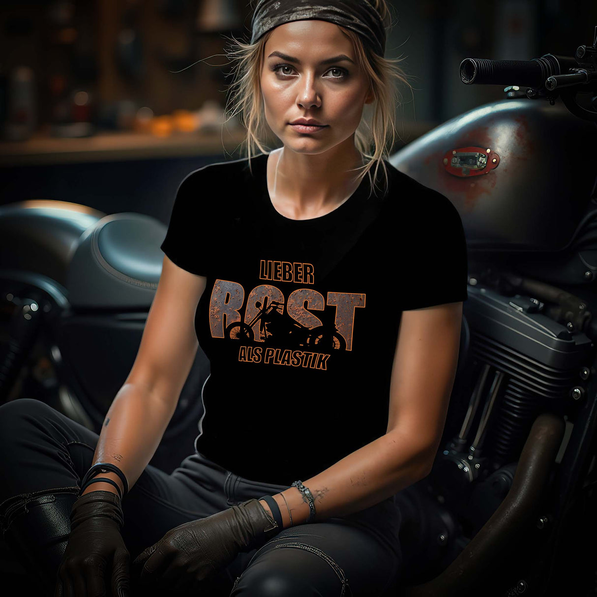 Eine Motorradfahrerin mit einem T-Shirt von Wingbikers, mit dem Aufdruck, lieber Rost als Plastik, in Schwarz, mit verkürzten Ärmeln.