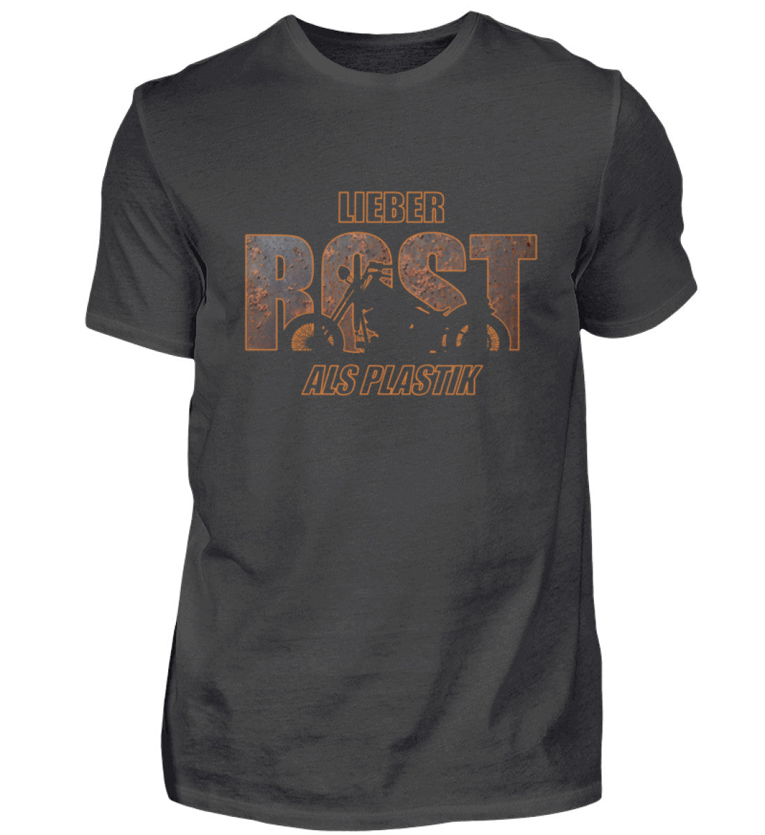 Ein Biker T-Shirt von Wingbikers, mit dem Aufdruck, lieber Rost als Plastik, in Anthrazit.