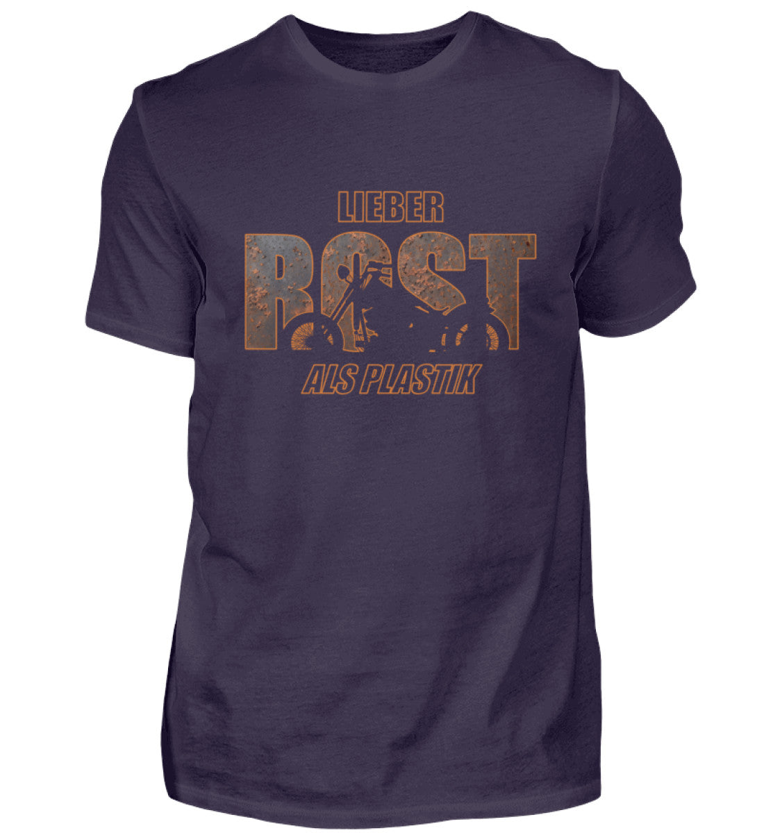 Ein Biker T-Shirt von Wingbikers, mit dem Aufdruck, lieber Rost als Plastik, in Aubergine.