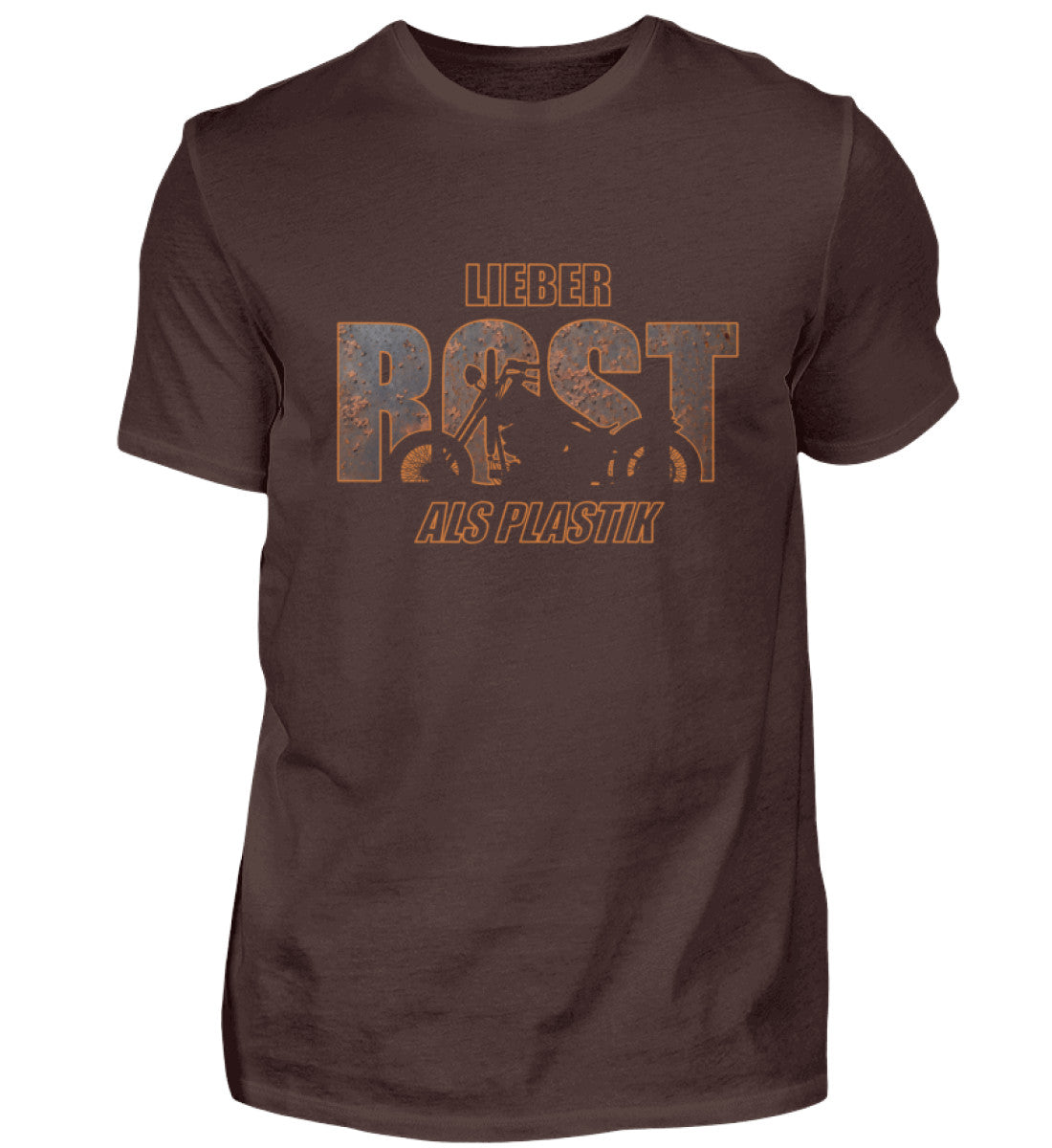 Ein Biker T-Shirt von Wingbikers, mit dem Aufdruck, lieber Rost als Plastik, in braun.