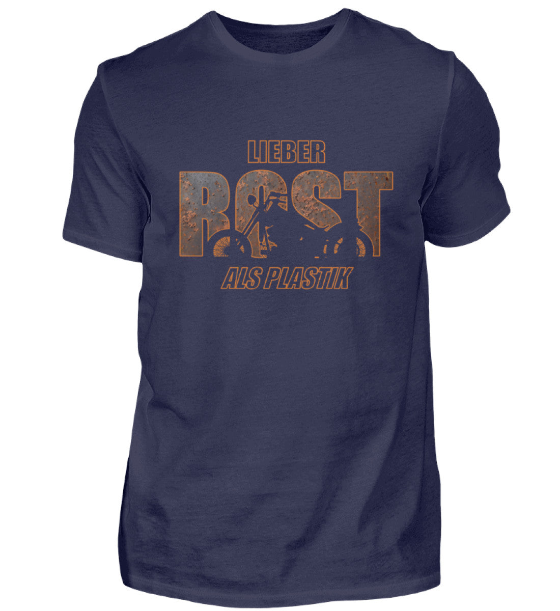 Ein Biker T-Shirt von Wingbikers, mit dem Aufdruck, lieber Rost als Plastik, in Navy.