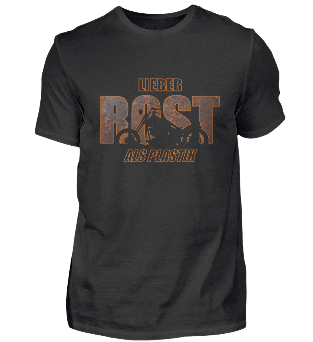 Ein Biker T-Shirt von Wingbikers, mit dem Aufdruck, lieber Rost als Plastik, in Schwarz.