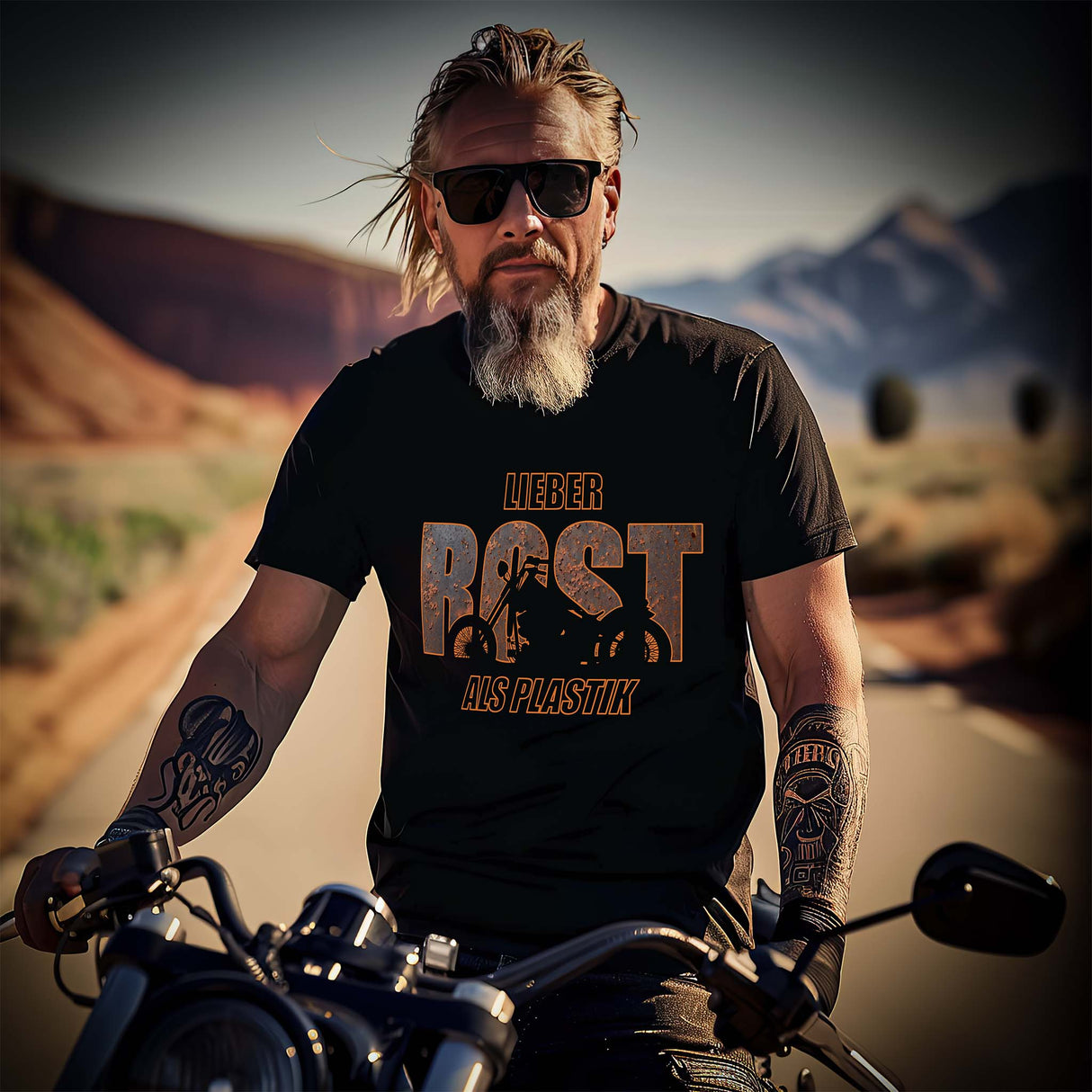 Ein Biker mit einem T-Shirt von Wingbikers, mit dem Aufdruck, lieber Rost als Plastik, in Schwarz.