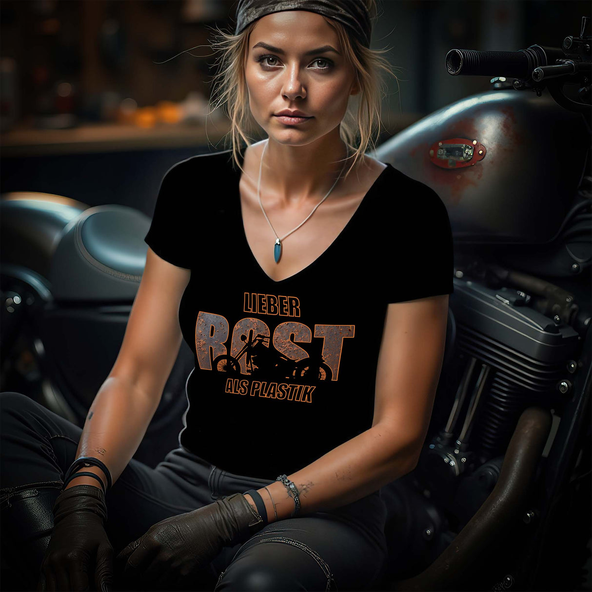 Eine Motorradfahrerin mit einem T-Shirt mit V-Ausschnitt von Wingbikers, mit dem Aufdruck, lieber Rost als Plastik, in Schwarz.