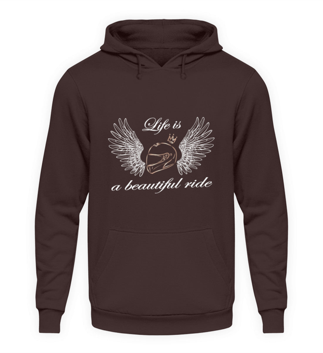 Ein Hoodie für Motorradfahrerinnen von Wingbikers mit dem Aufdruck, Life is a Beautiful Ride - leger geschnitten, in braun.