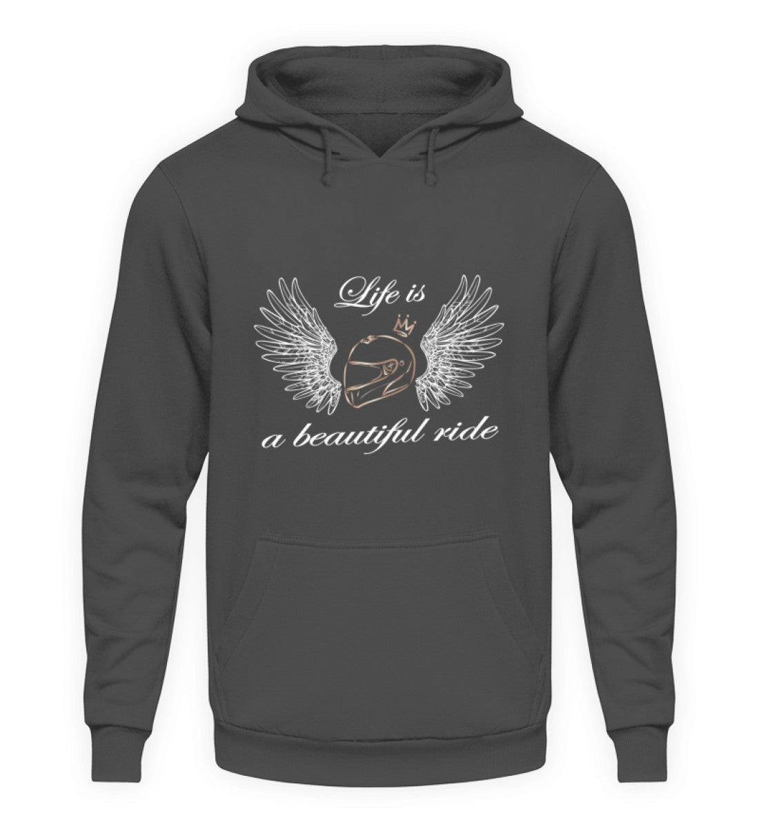 Ein Hoodie für Motorradfahrerinnen von Wingbikers mit dem Aufdruck, Life is a Beautiful Ride - leger geschnitten, in dunkelgrau.
