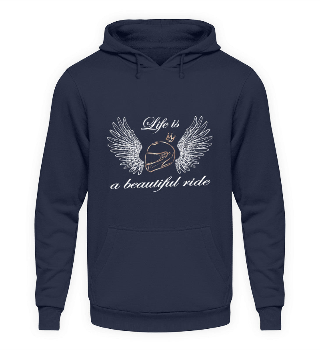 Ein Hoodie für Motorradfahrerinnen von Wingbikers mit dem Aufdruck, Life is a Beautiful Ride - leger geschnitten, in navy.