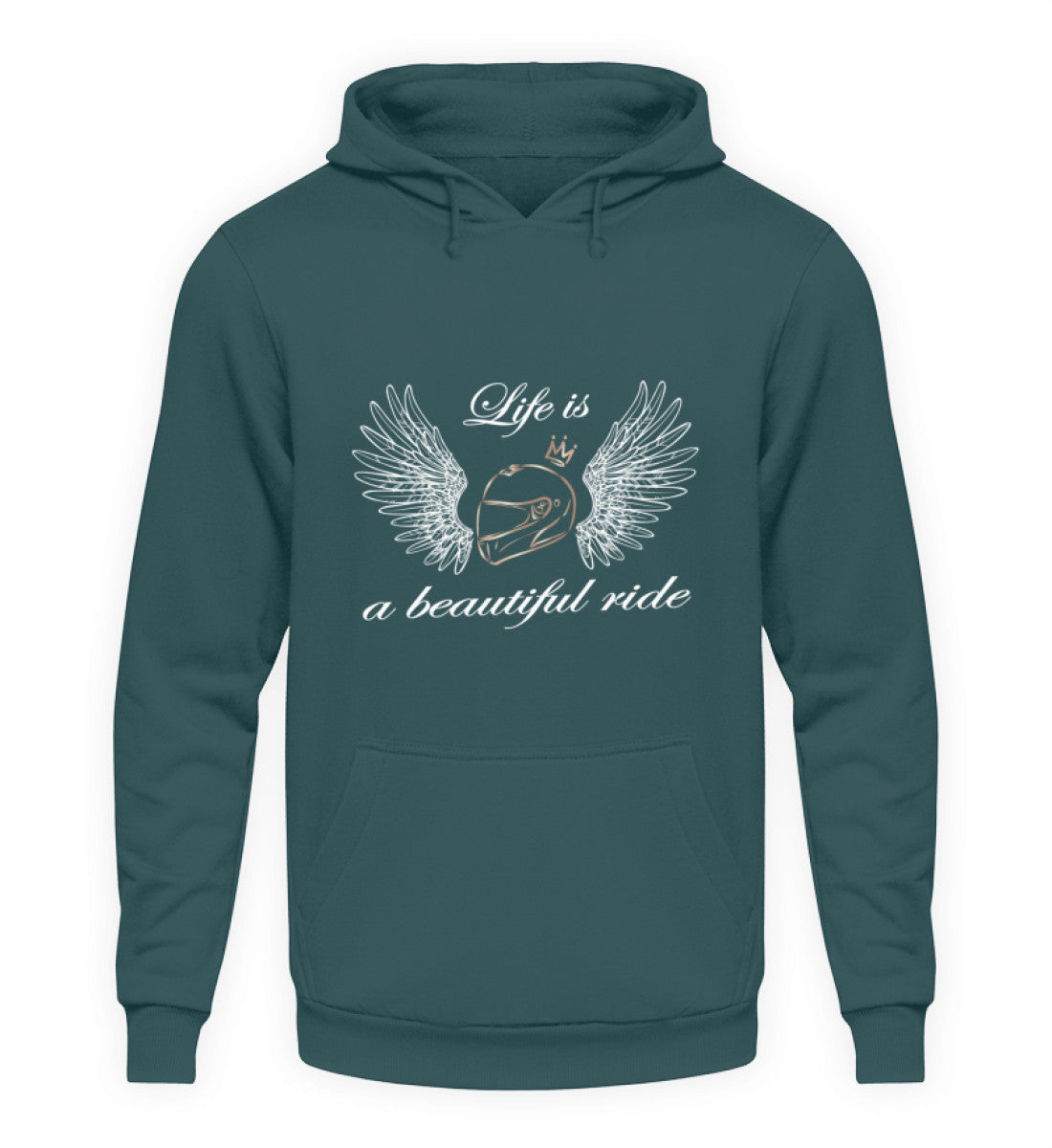 Ein Hoodie für Motorradfahrerinnen von Wingbikers mit dem Aufdruck, Life is a Beautiful Ride - leger geschnitten, in petrol türkis.