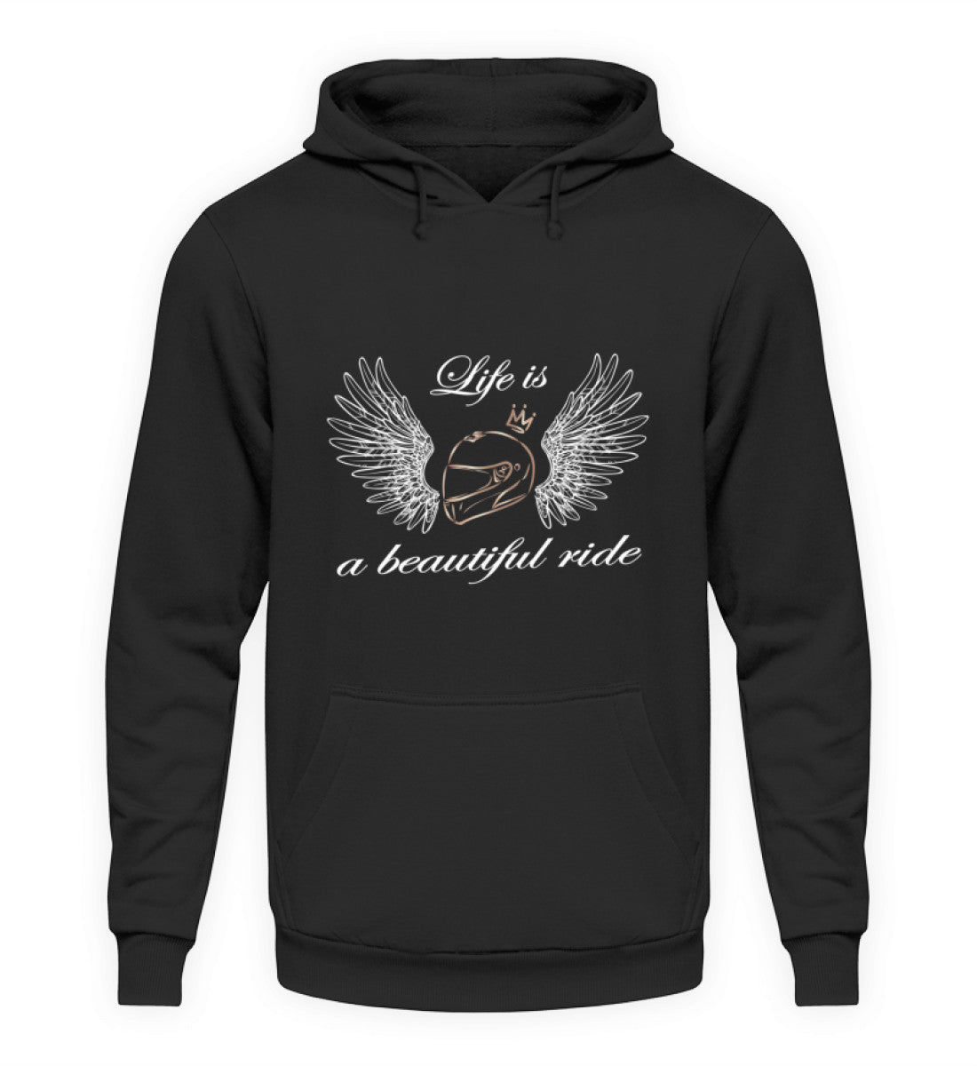Ein Hoodie für Motorradfahrerinnen von Wingbikers mit dem Aufdruck, Life is a Beautiful Ride - leger geschnitten, in schwarz.