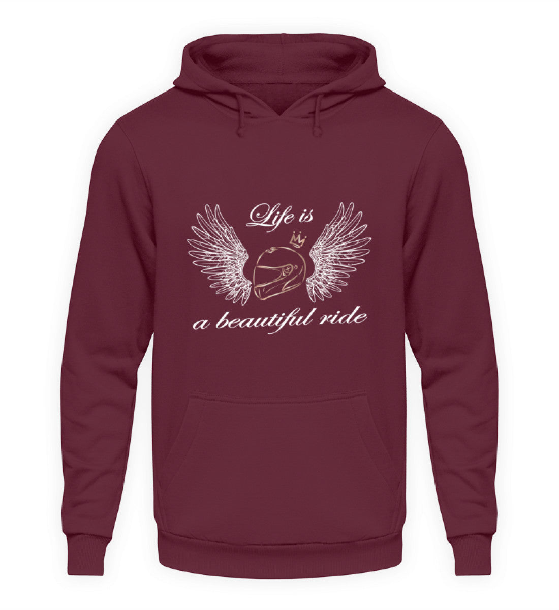 Ein Hoodie für Motorradfahrerinnen von Wingbikers mit dem Aufdruck, Life is a Beautiful Ride - leger geschnitten, in burgunder weinrot.