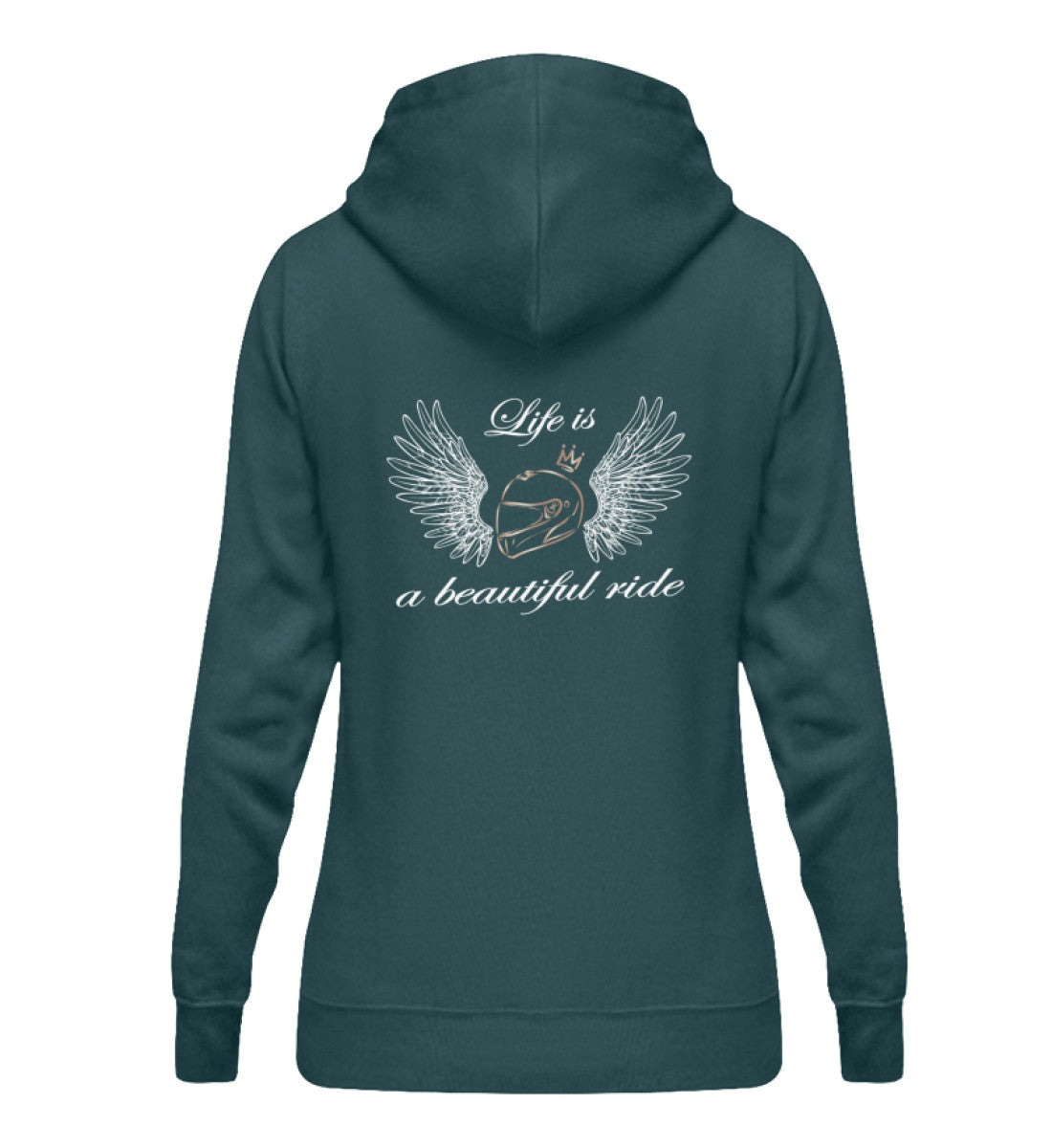 Ein Hoodie für Motorradfahrerinnen von Wingbikers mit dem Aufdruck, Life is a Beautiful Ride - mit Back Print, in petrol türkis.
