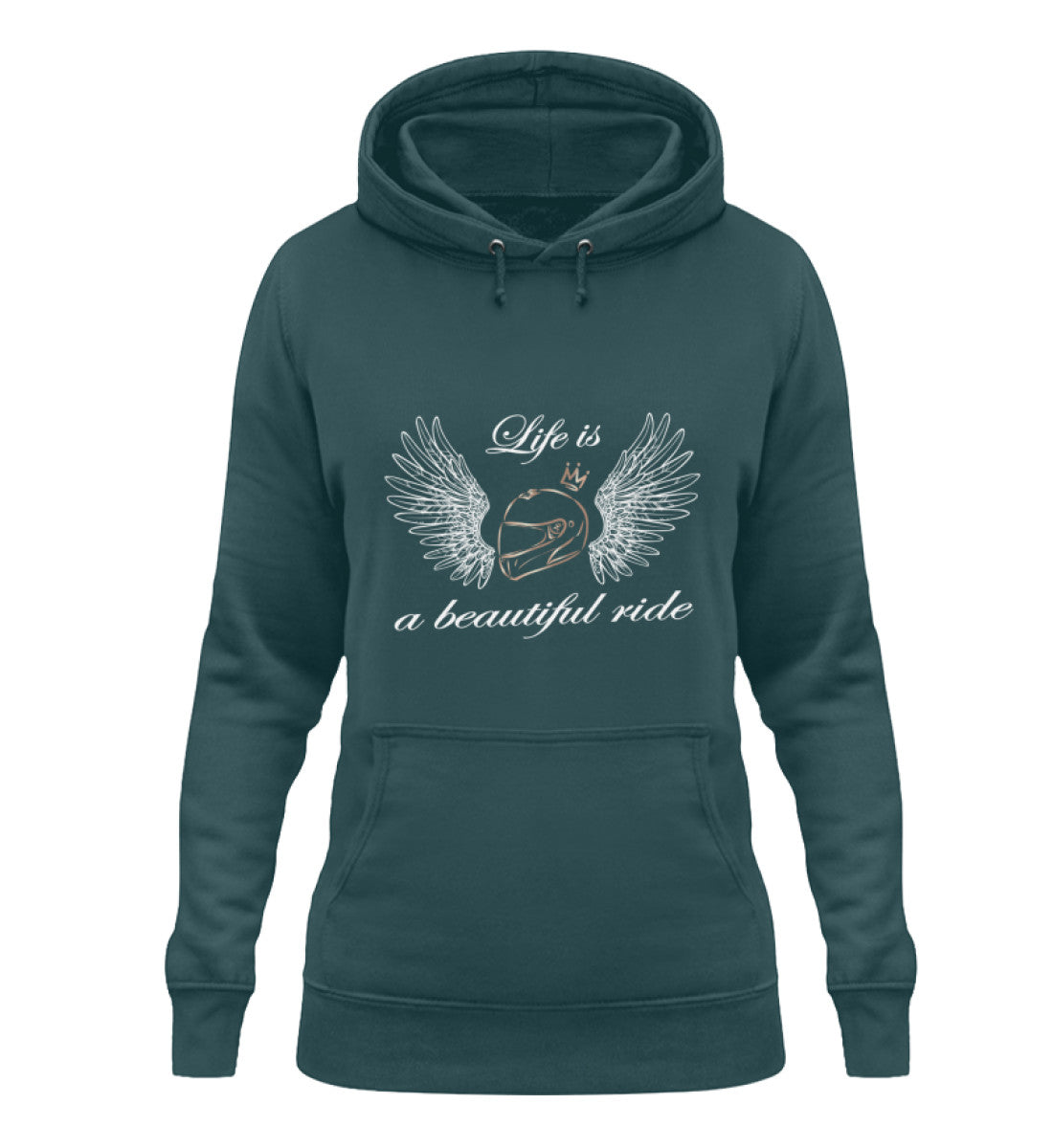 Ein Hoodie für Motorradfahrerinnen von Wingbikers mit dem Aufdruck, Life is a Beautiful Ride - in petrol türkis.