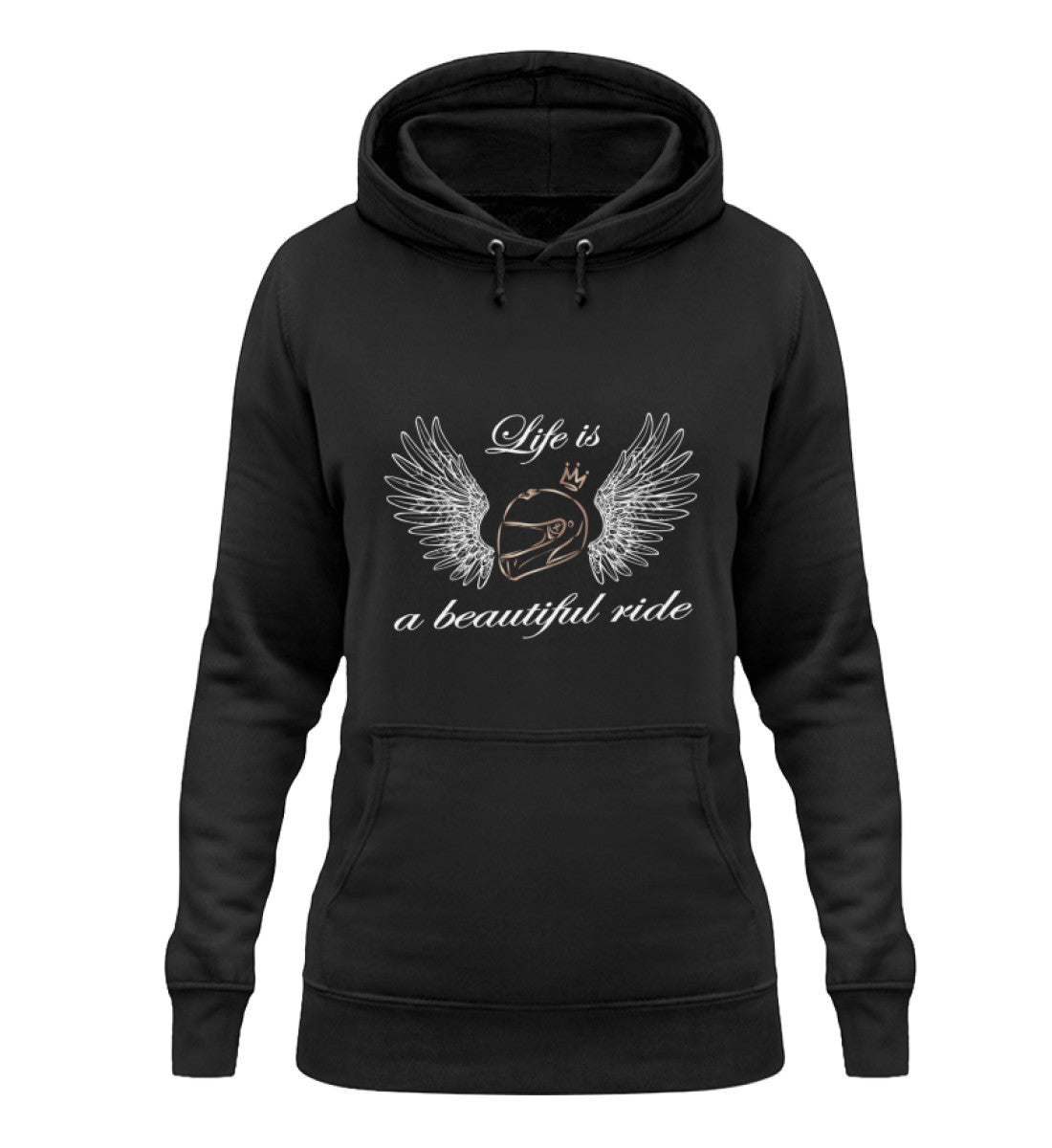 Ein Hoodie für Motorradfahrerinnen von Wingbikers mit dem Aufdruck, Life is a Beautiful Ride - in schwarz.