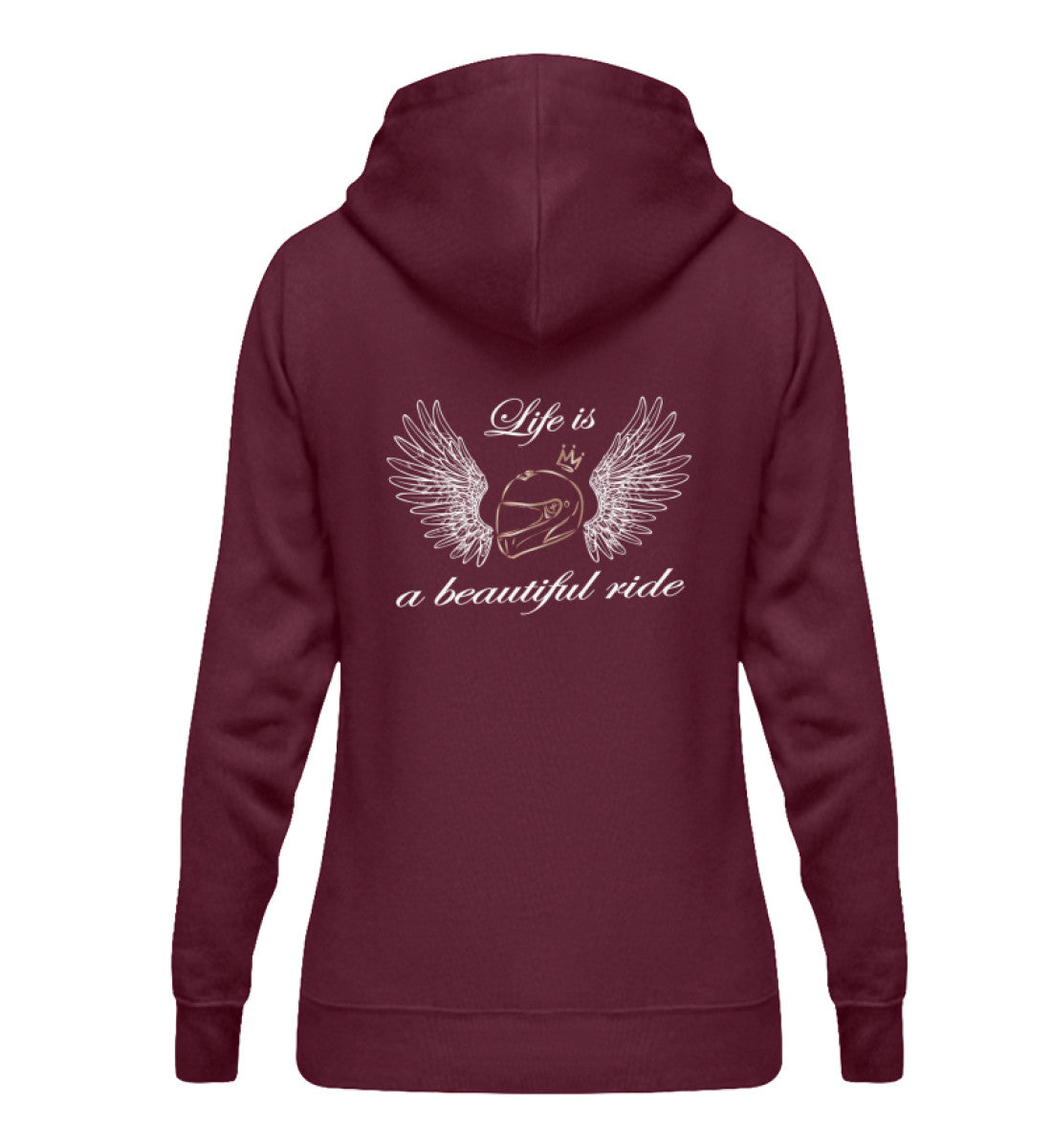 Ein Hoodie für Motorradfahrerinnen von Wingbikers mit dem Aufdruck, Life is a Beautiful Ride - mit Back Print, in weinrot.