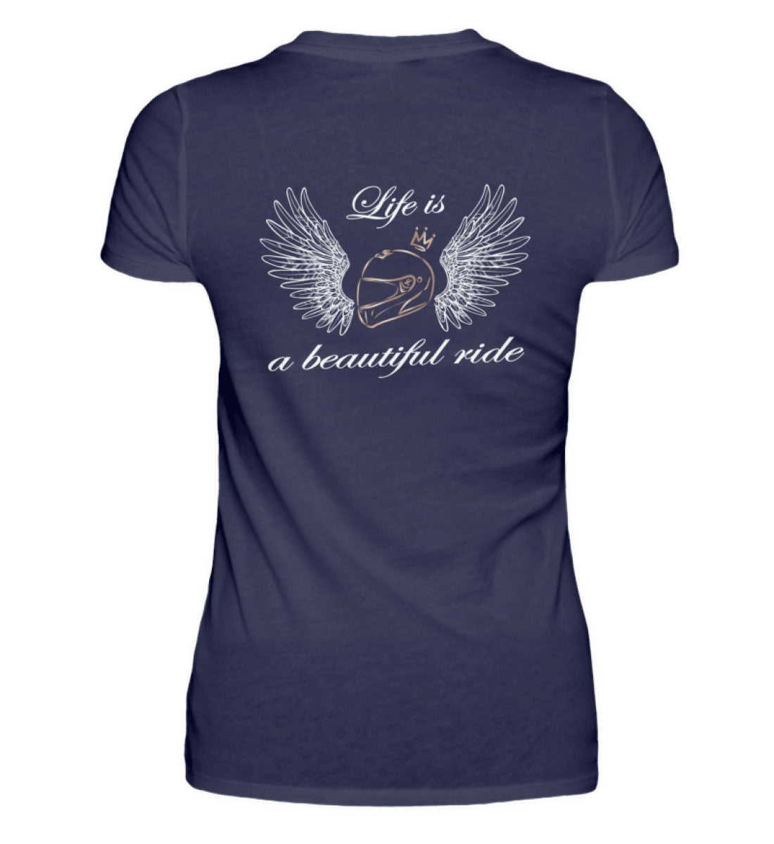 Ein T-Shirt für Motorradfahrerinnen von Wingbikers mit dem Aufdruck, Life is a Beautiful Ride - mit Back Print, in navy.
