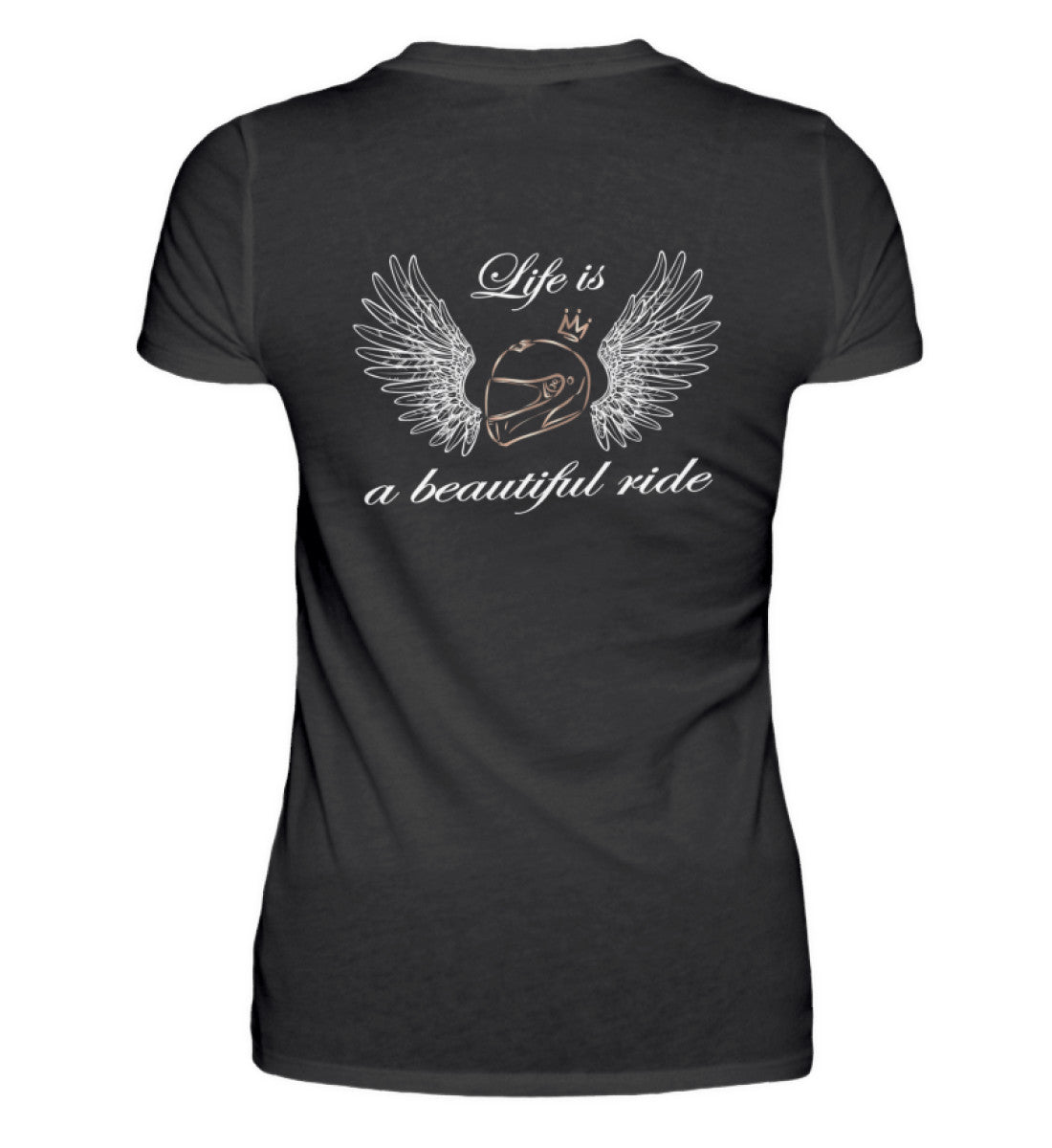 Ein T-Shirt für Motorradfahrerinnen von Wingbikers mit dem Aufdruck, Life is a Beautiful Ride - mit Back Print, in schwarz.