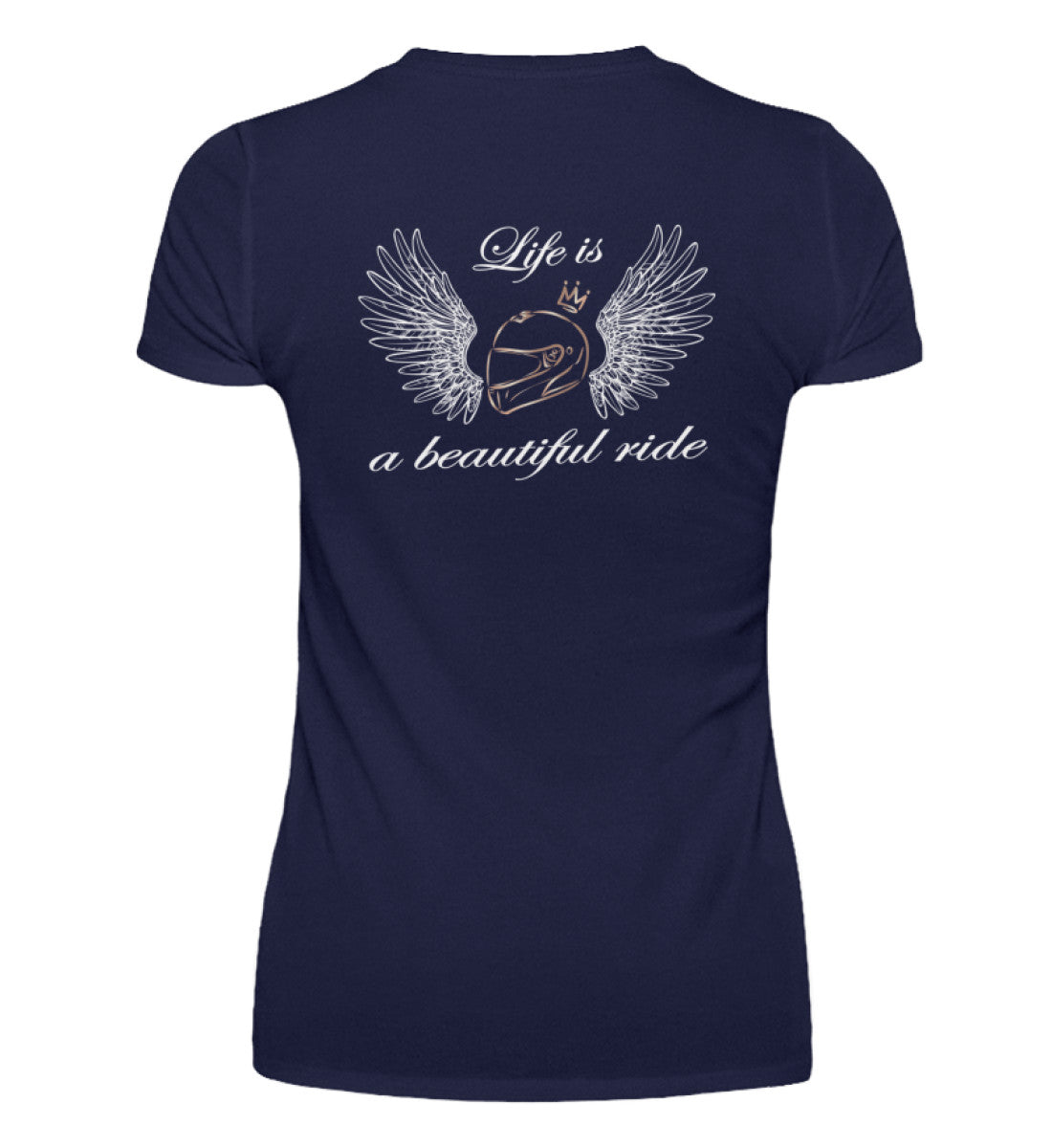 Ein T-Shirt mit V-Ausschnitt für Motorradfahrerinnen von Wingbikers mit dem Aufdruck, Life is a Beautiful Ride - mit Back Print, in navy.